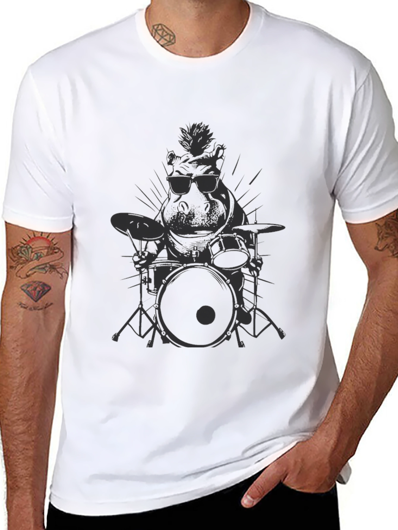 Cool Hippo Drummer Black T-Shirt