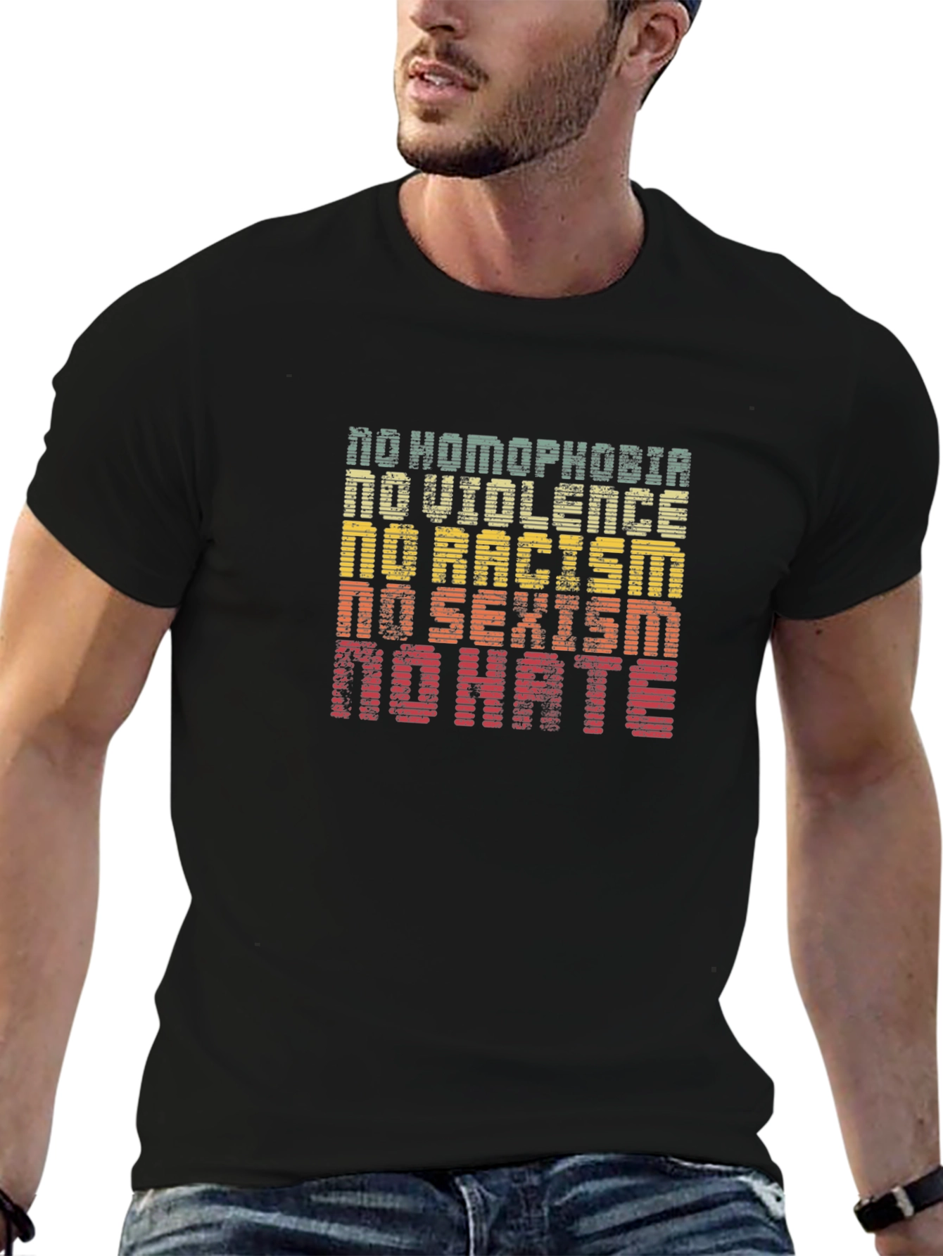 Equality T-Shirt: No Homophobia Racism Sexism Violence Hate
