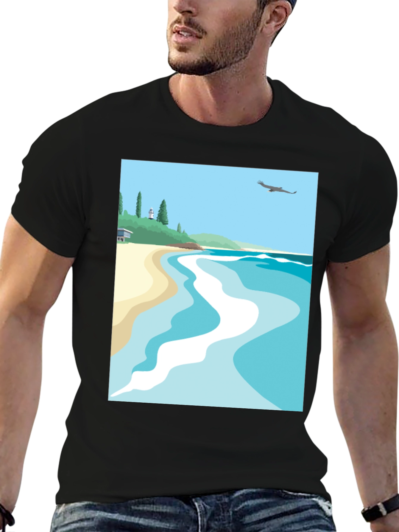 Beach Scene Graphic Tee - Black