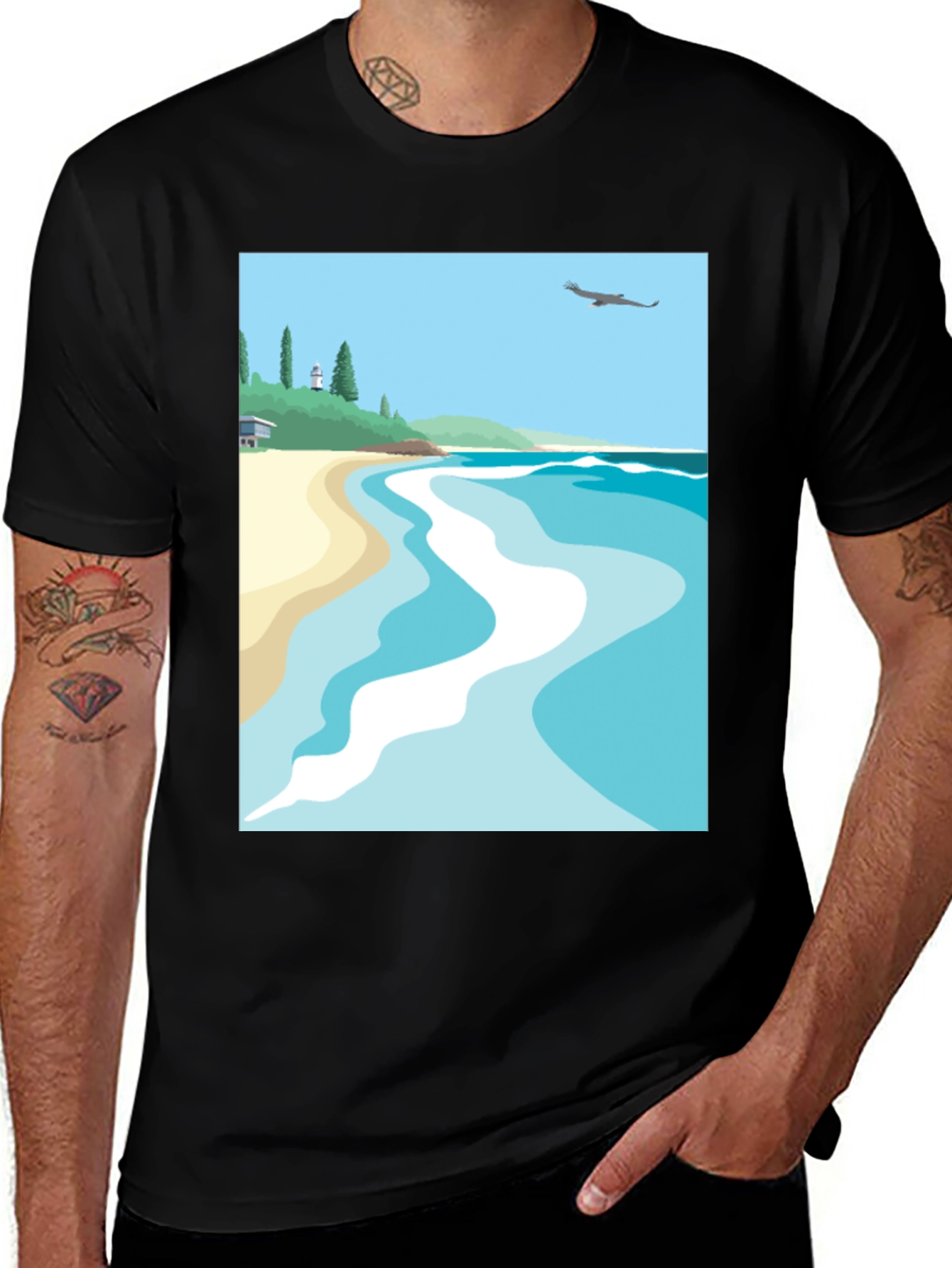 Beach Scene Graphic Tee - Black