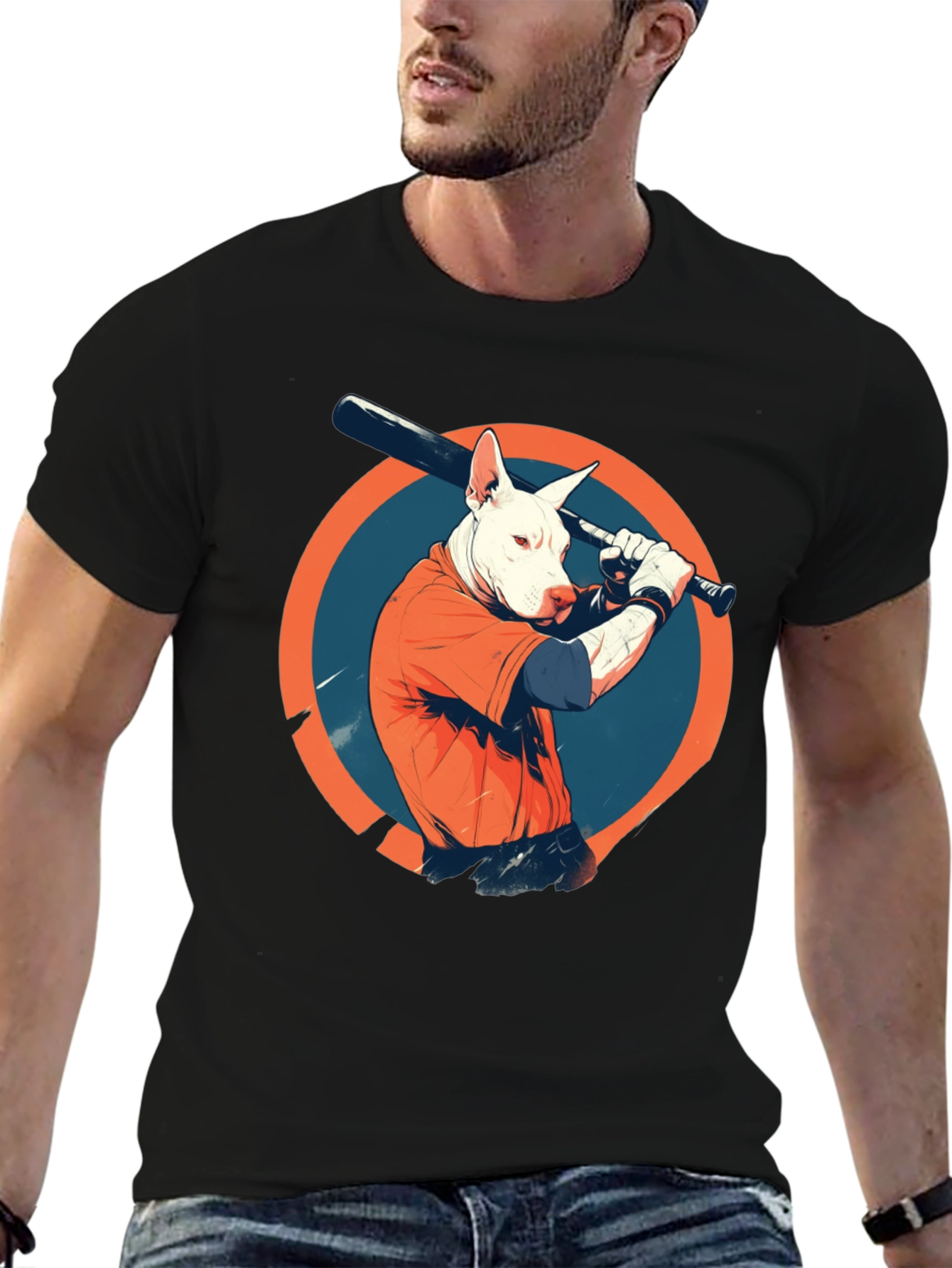 Dog Baseball Player Black Graphic Tee