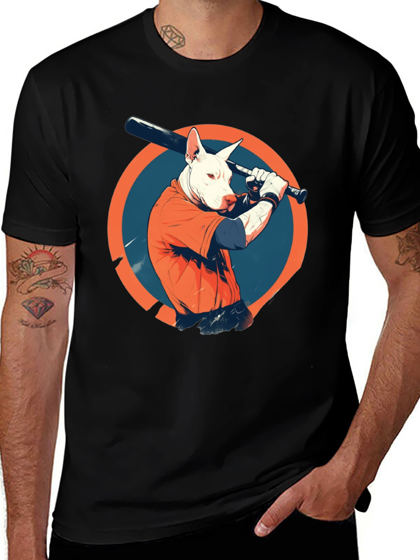 Dog Baseball Player Black Graphic Tee