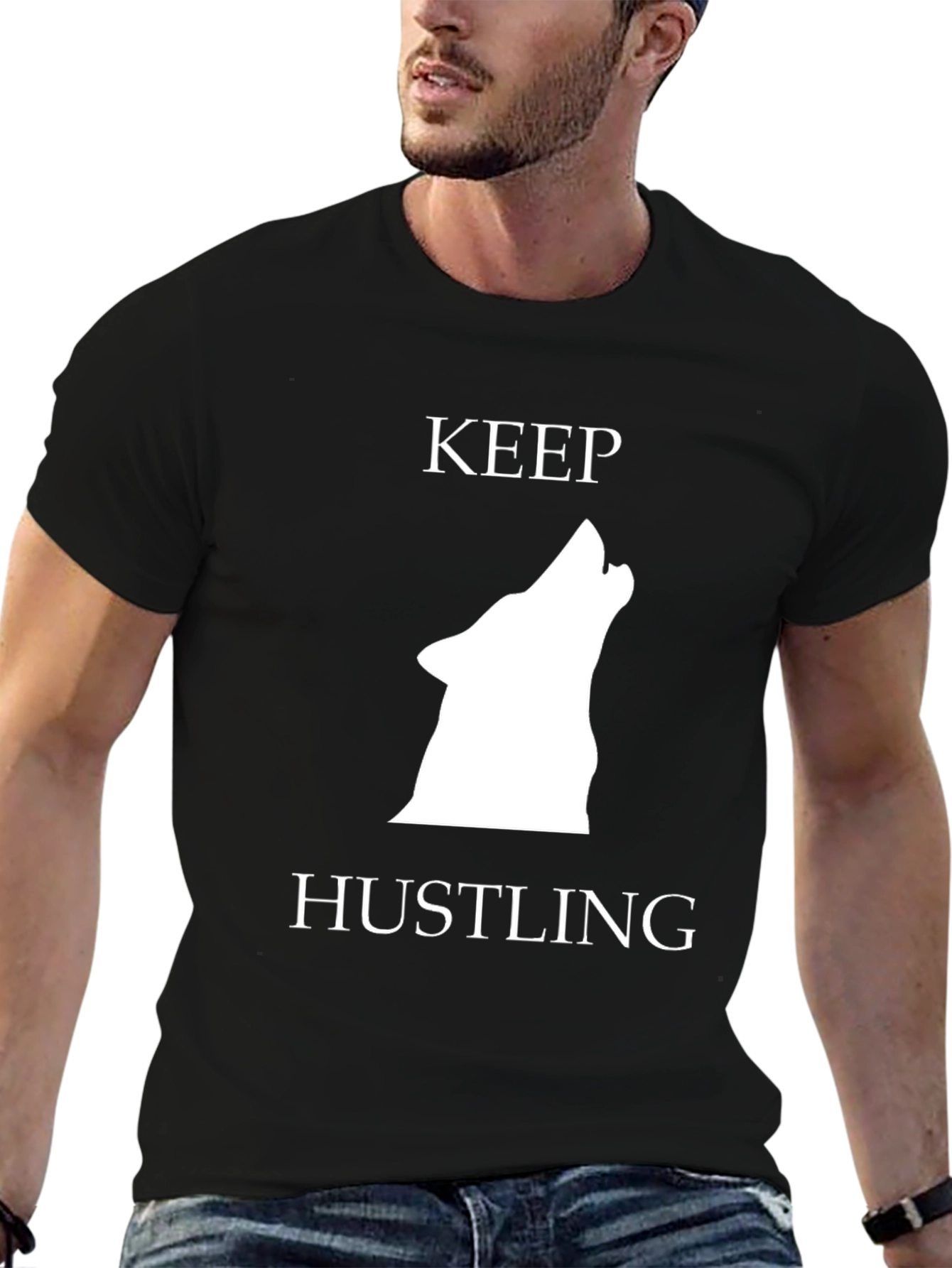 Keep Hustling Wolf Graphic Tee - Black Cotton T-Shirt
