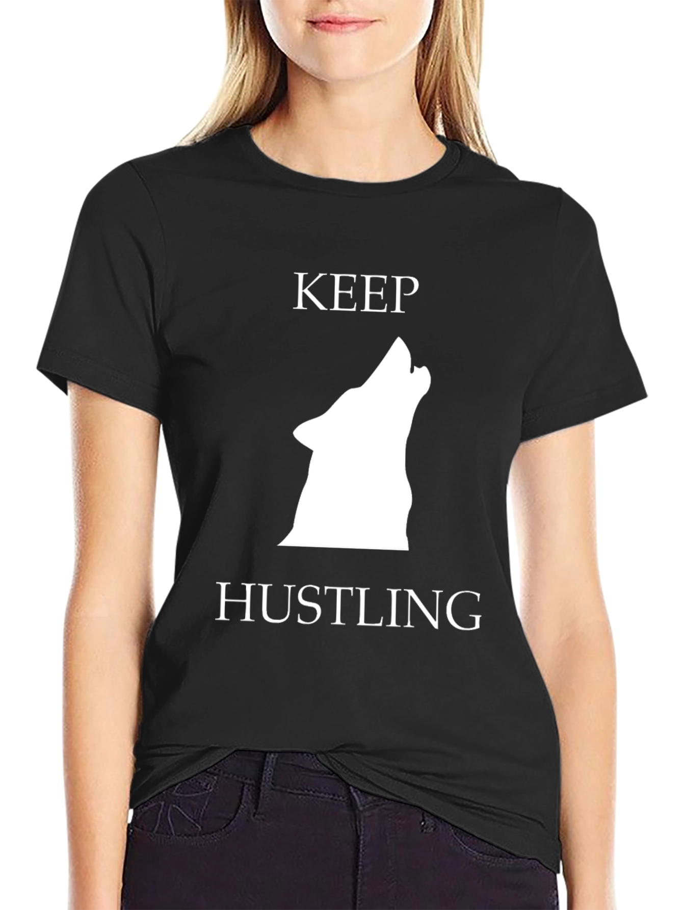 Keep Hustling Wolf Graphic Tee - Black Cotton T-Shirt
