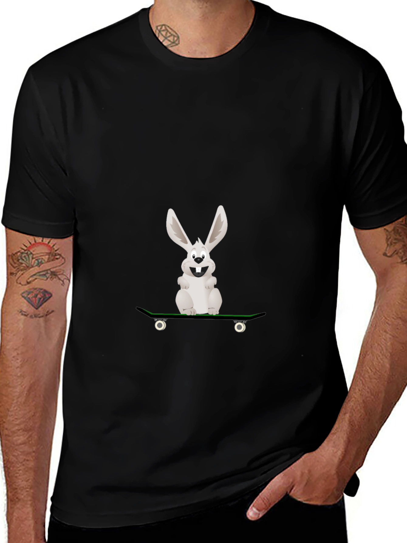 Rabbit Skateboarder Graphic Tee - Black Cotton Casual