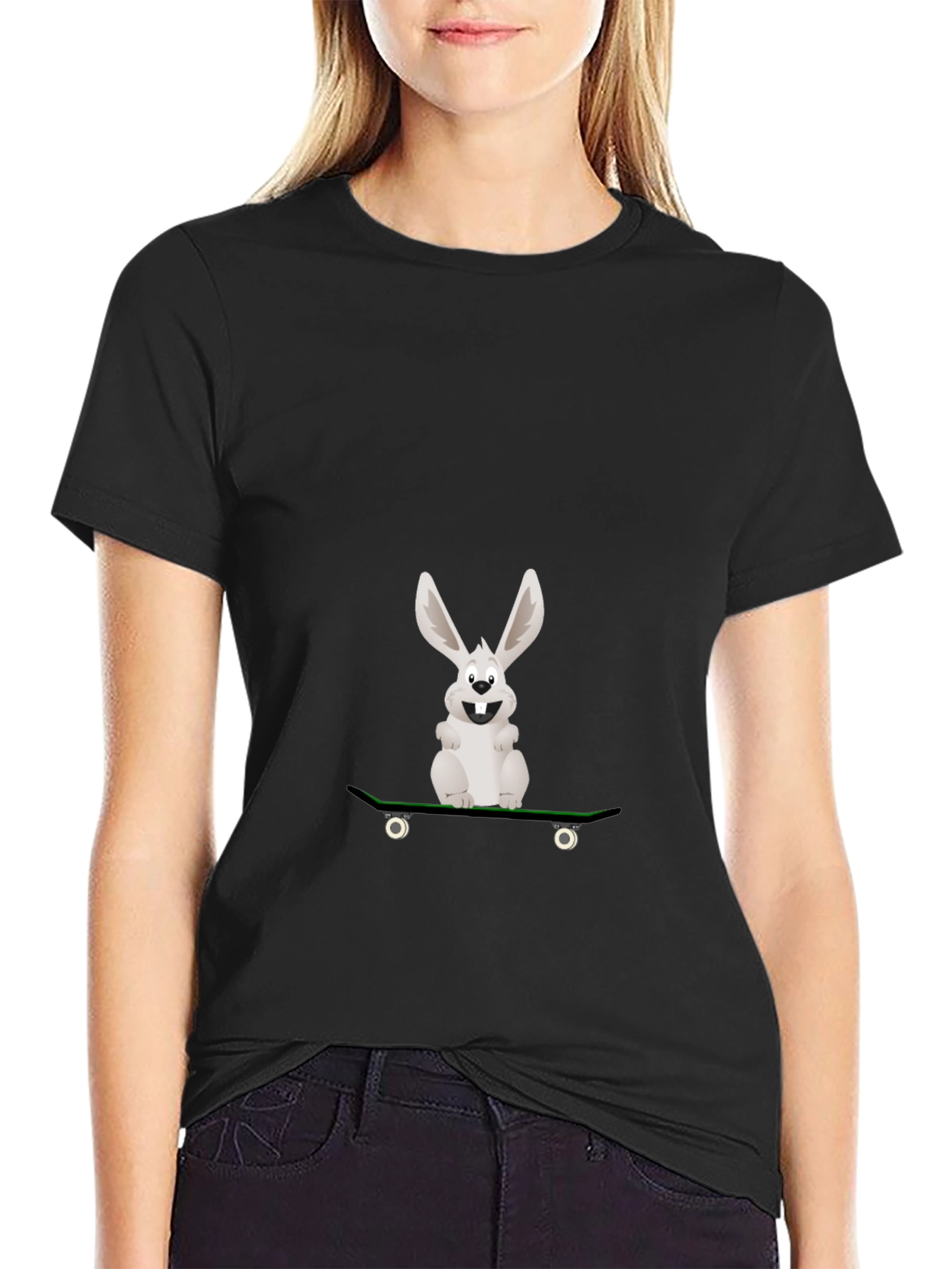 Rabbit Skateboarder Graphic Tee - Black Cotton Casual