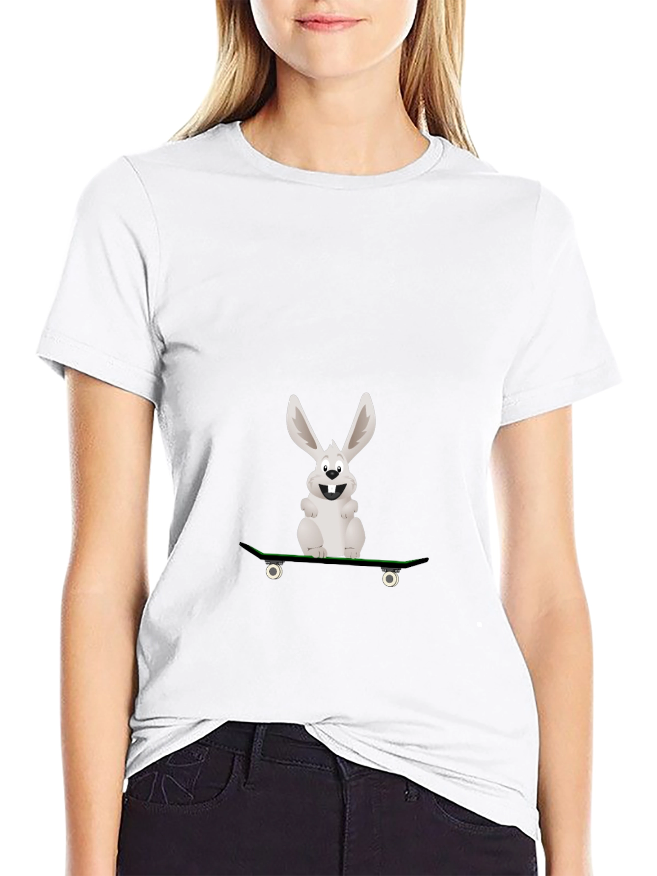 Rabbit Skateboarder Graphic Tee - Black Cotton Casual