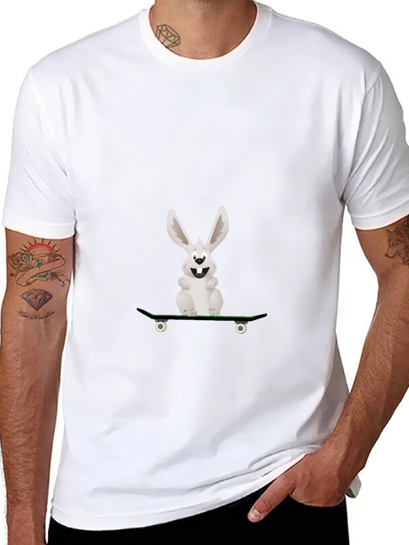 Rabbit Skateboarder Graphic Tee - Black Cotton Casual