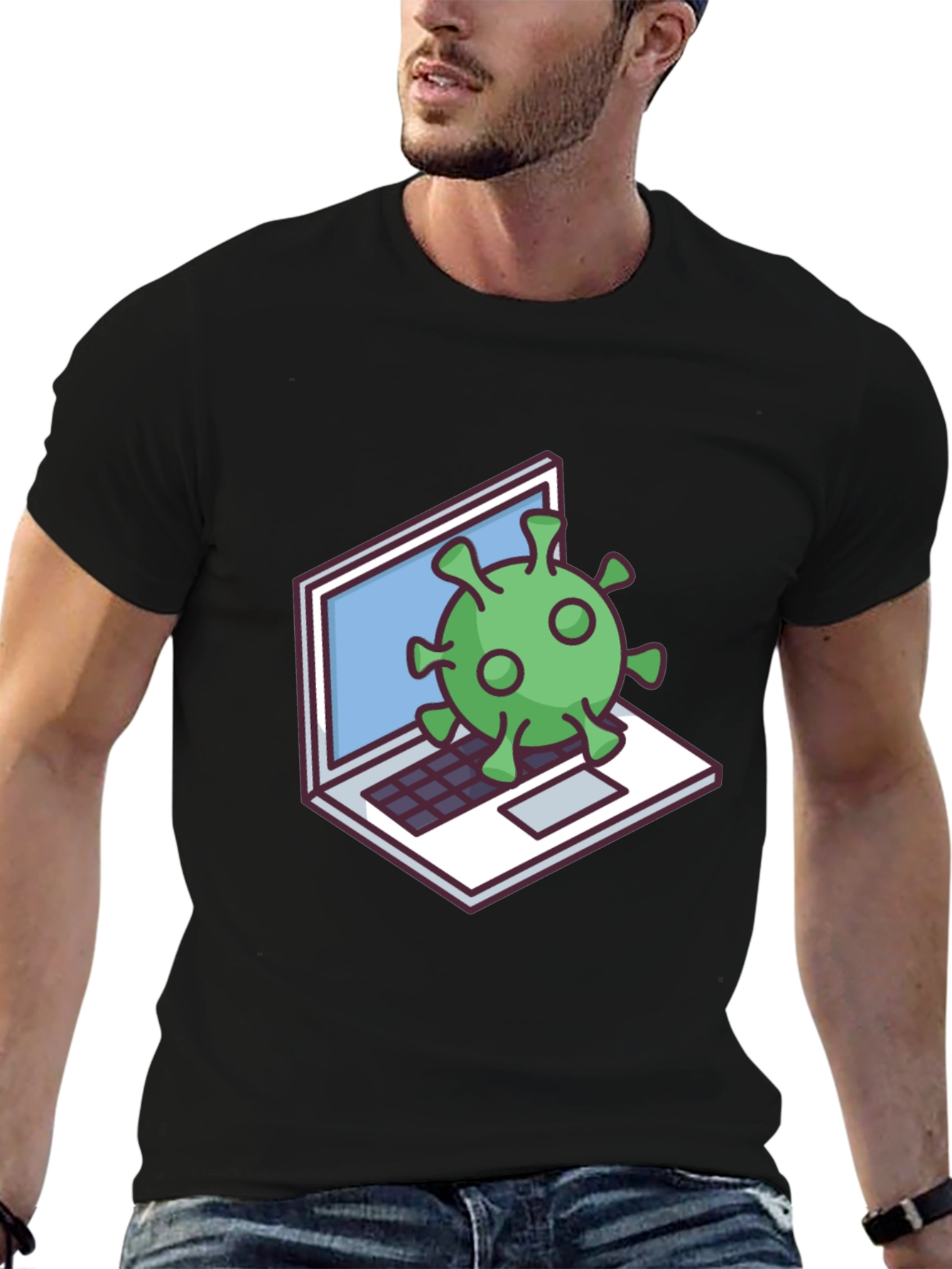 Virus Laptop Graphic Tee - Black Cotton T-Shirt