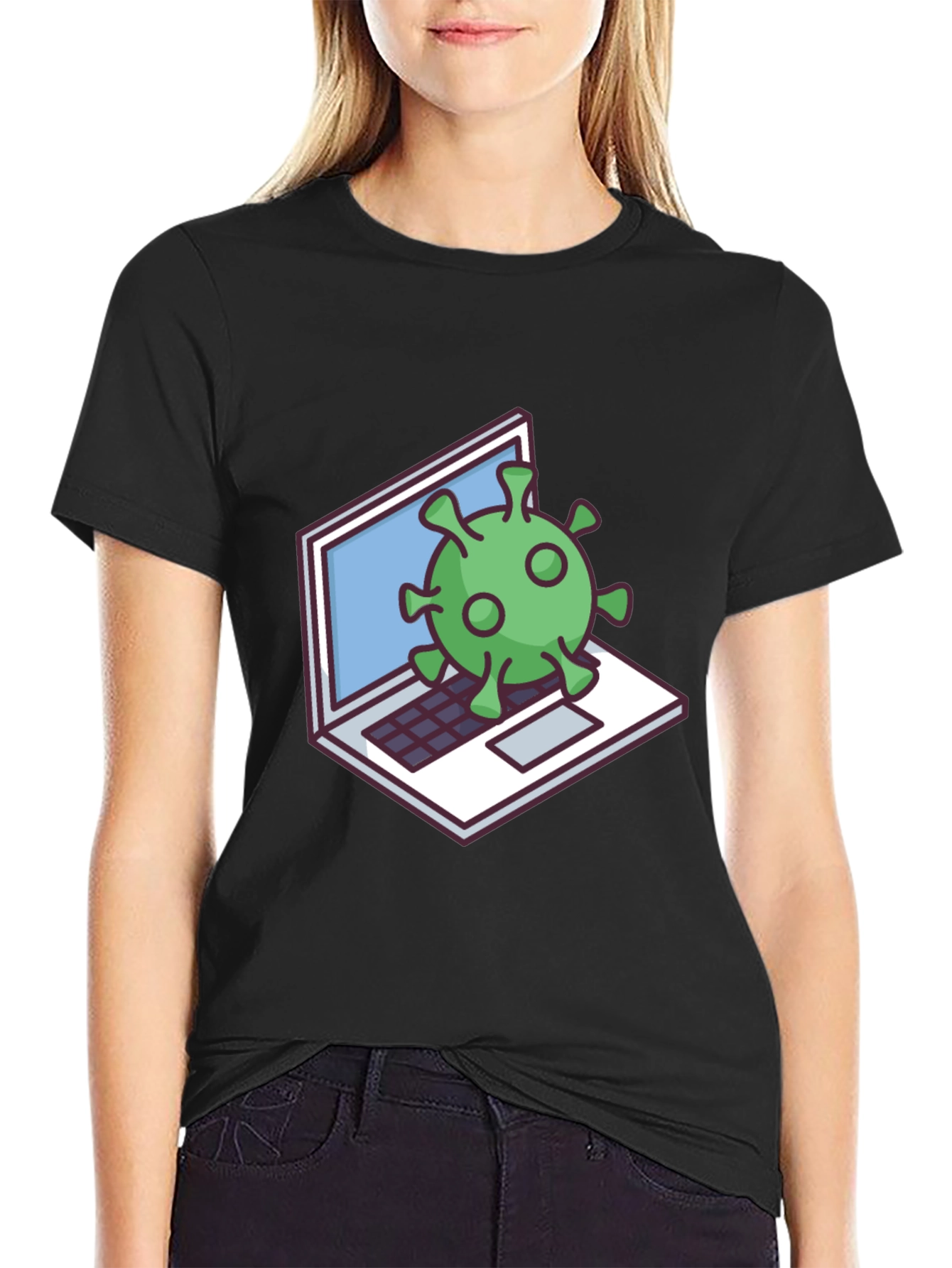 Virus Laptop Graphic Tee - Black Cotton T-Shirt