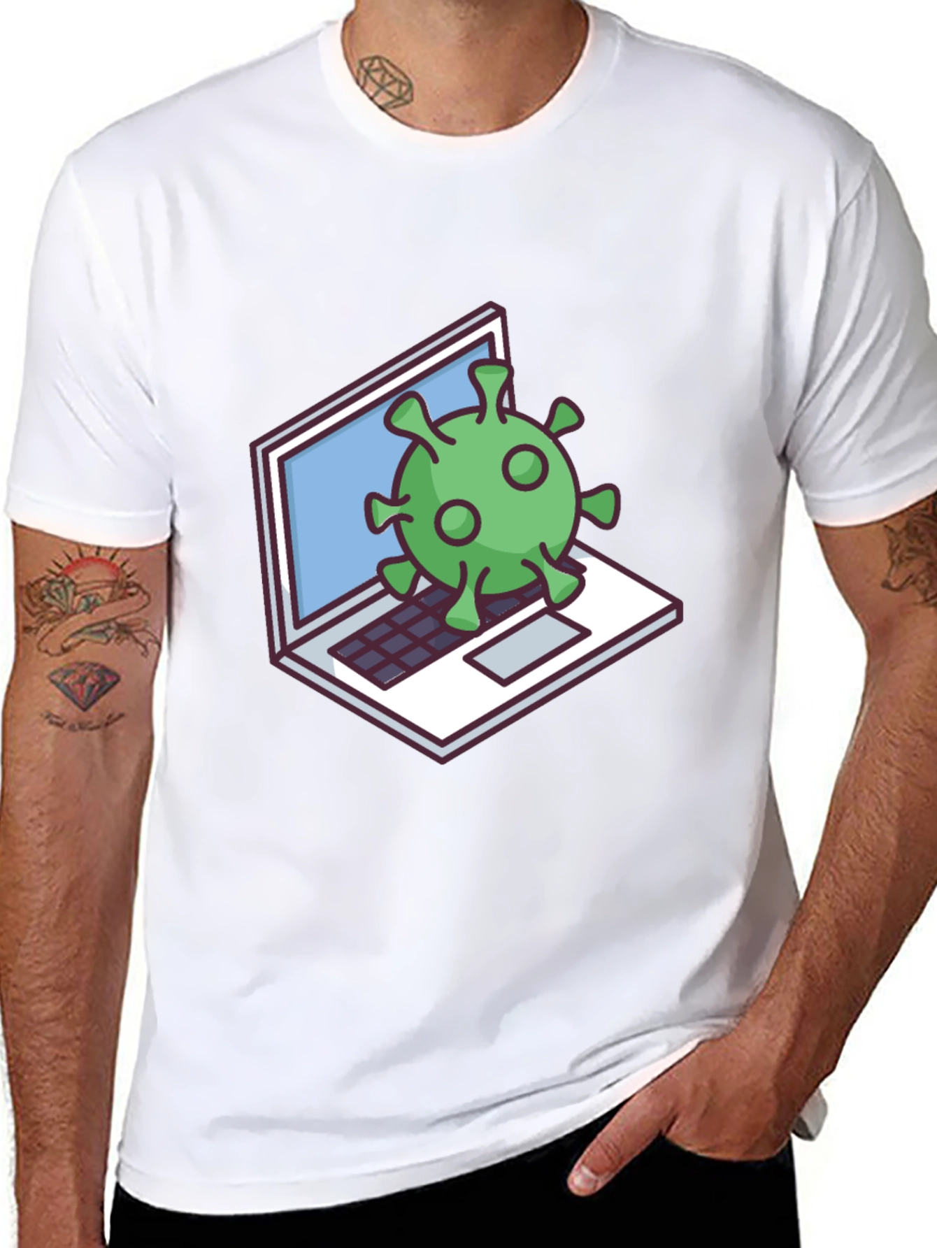 Virus Laptop Graphic Tee - Black Cotton T-Shirt