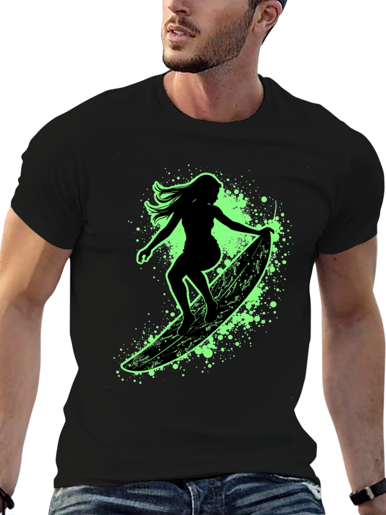 Surfer Girl Graphic Tee - Black Cotton T-Shirt