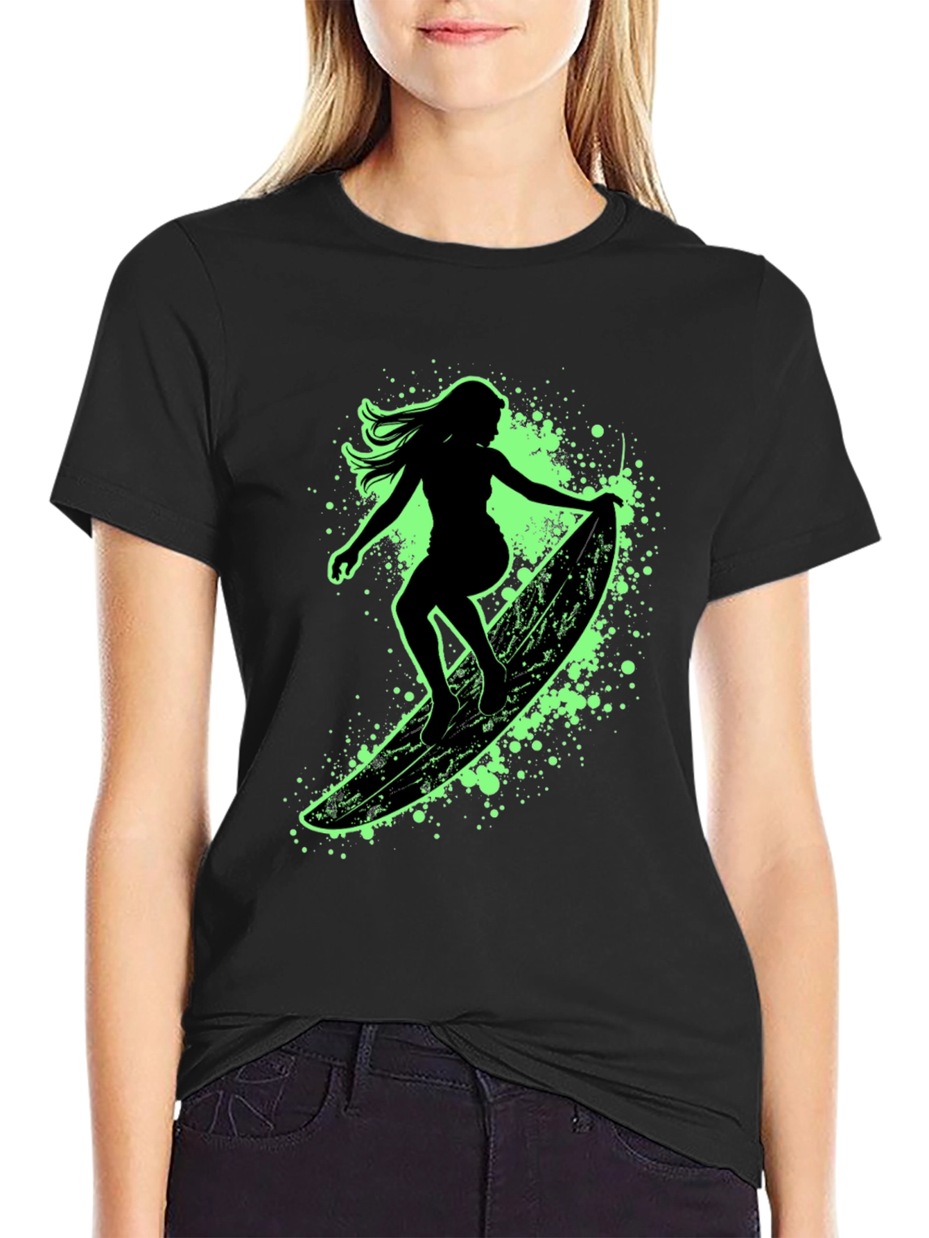 Surfer Girl Graphic Tee - Black Cotton T-Shirt