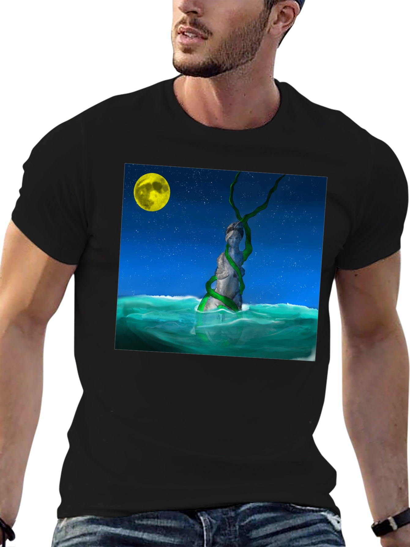 Moonlit Statue Tee - Unique Graphic Design T-Shirt
