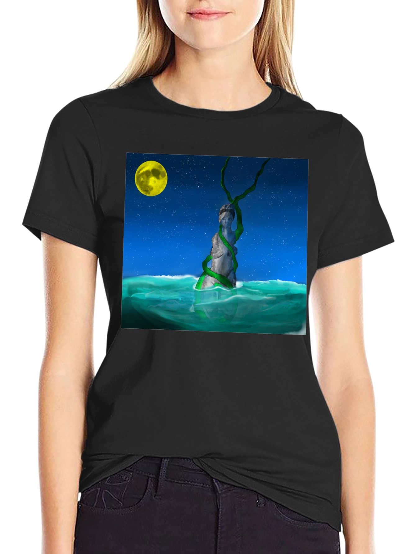 Moonlit Statue Tee - Unique Graphic Design T-Shirt