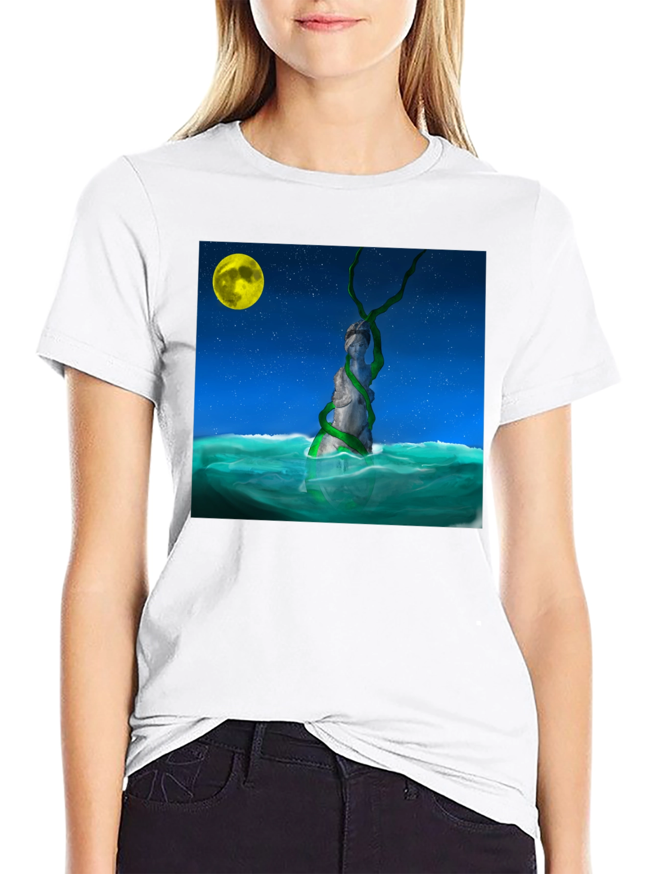 Moonlit Statue Tee - Unique Graphic Design T-Shirt