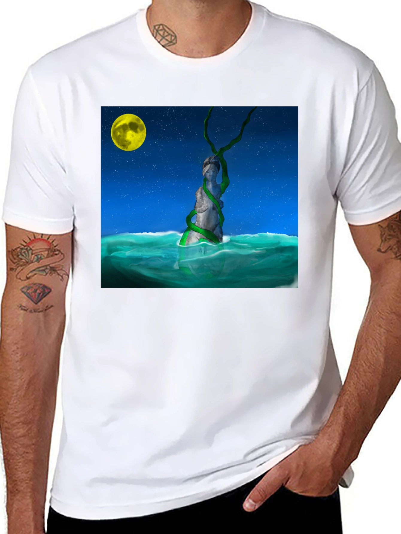 Moonlit Statue Tee - Unique Graphic Design T-Shirt