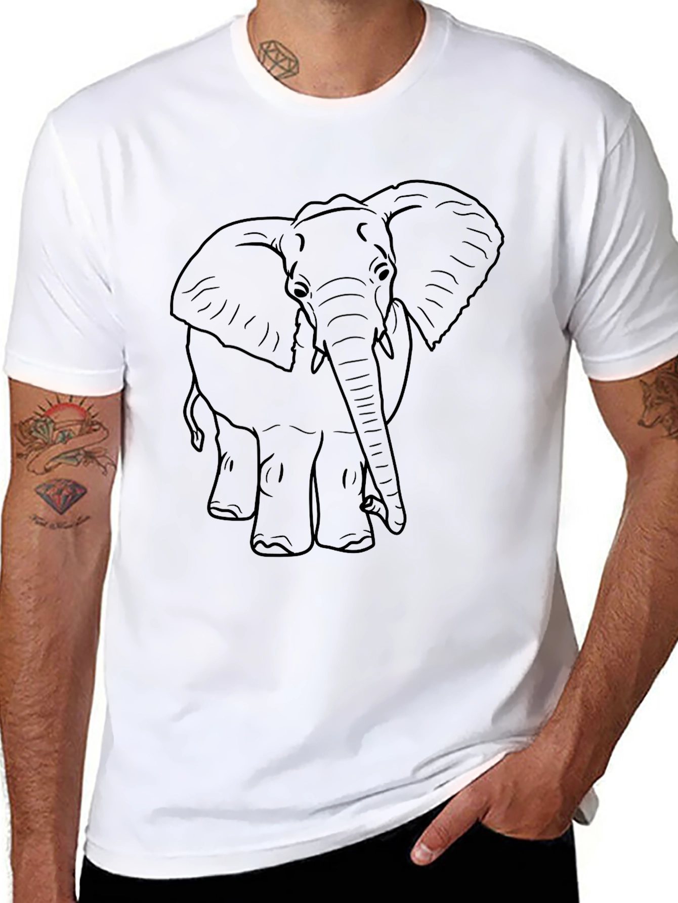 Elephant Outline Tee - Black Cotton Graphic T-Shirt