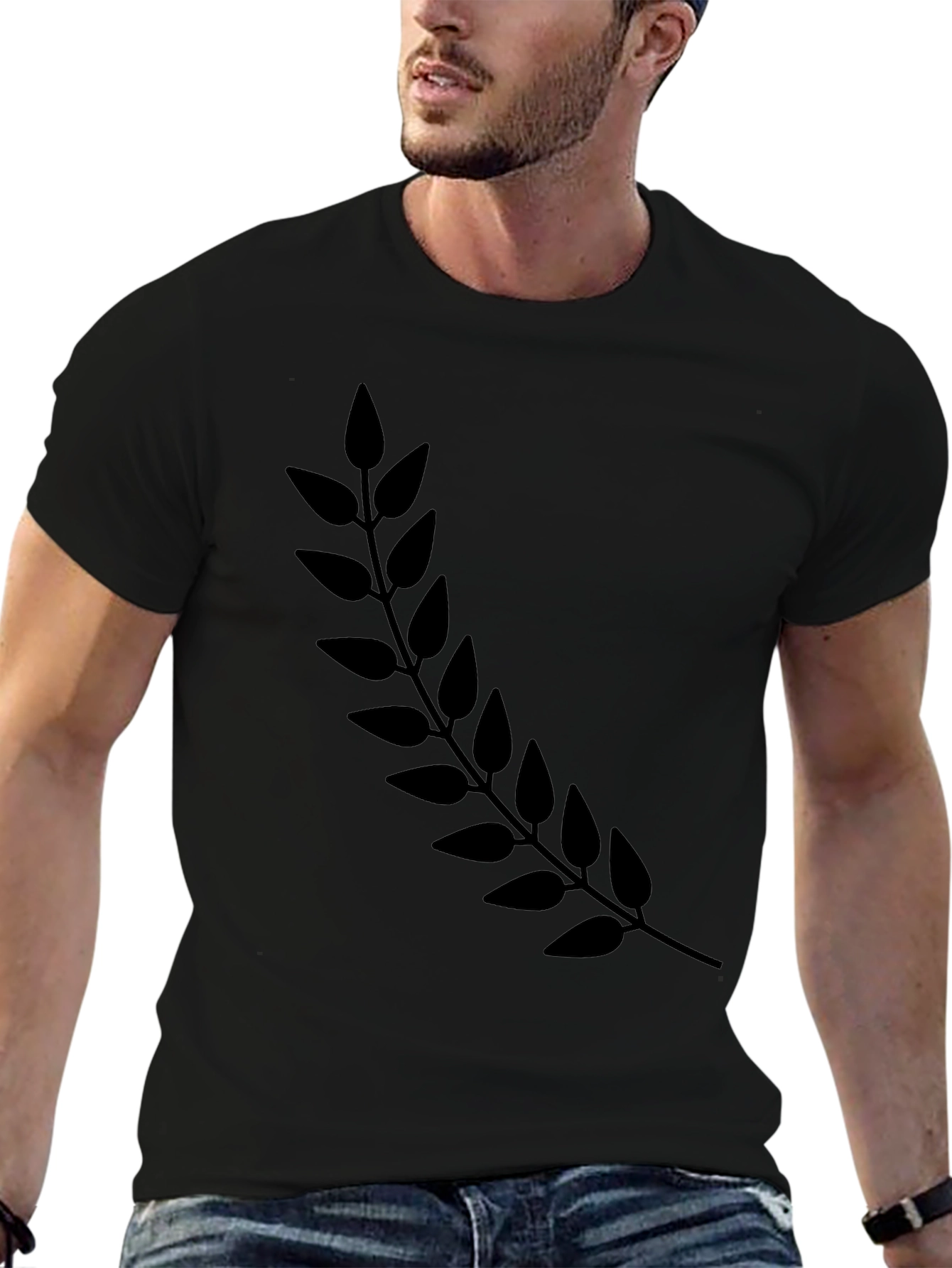 Black T-Shirt with Botanical Branch Design