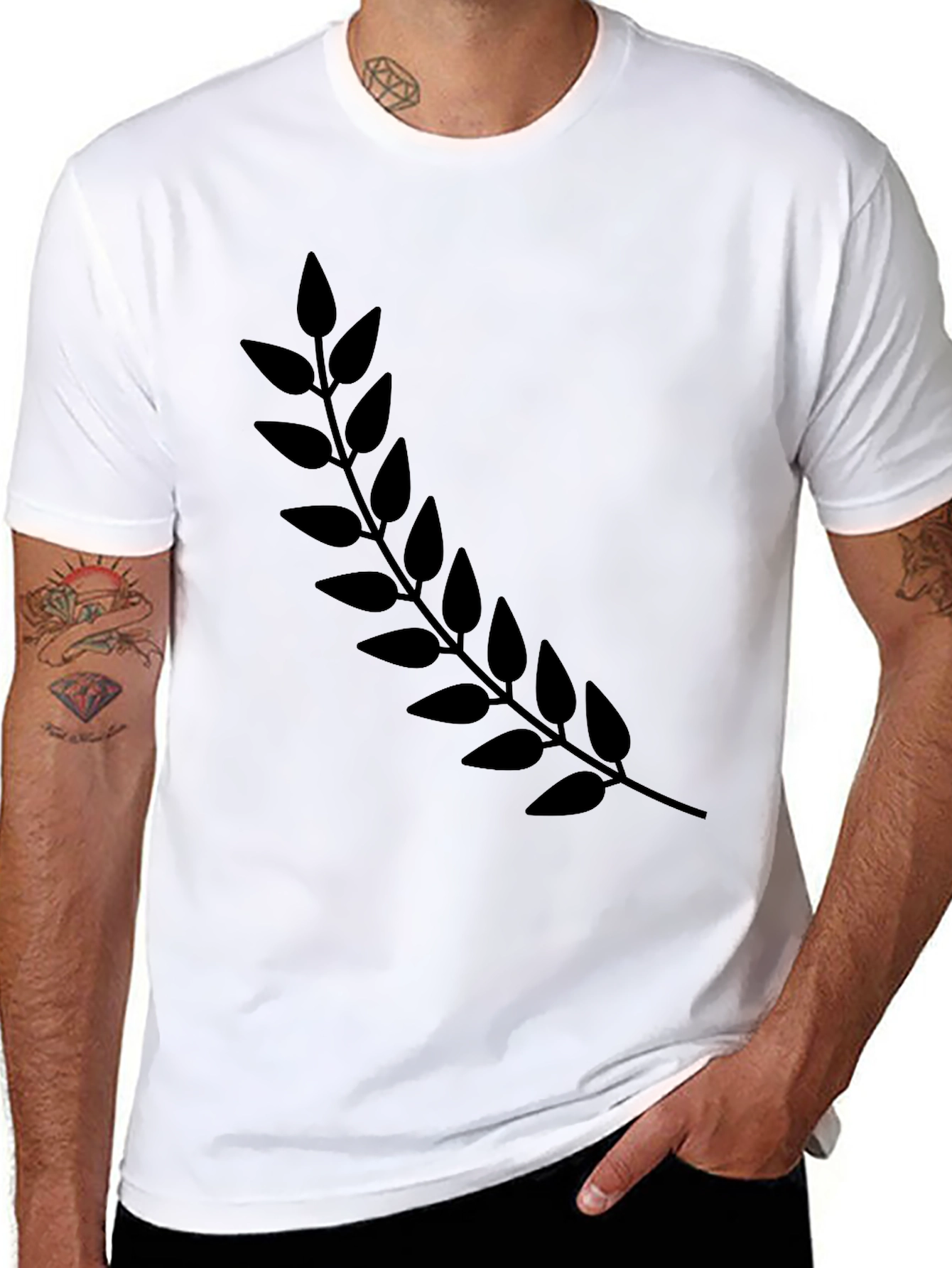 Black T-Shirt with Botanical Branch Design