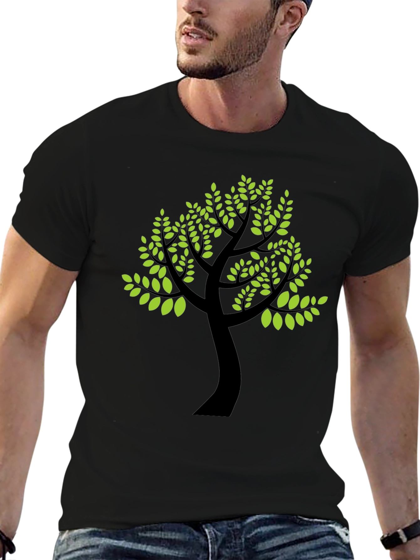 Black T-Shirt with Green Tree Print