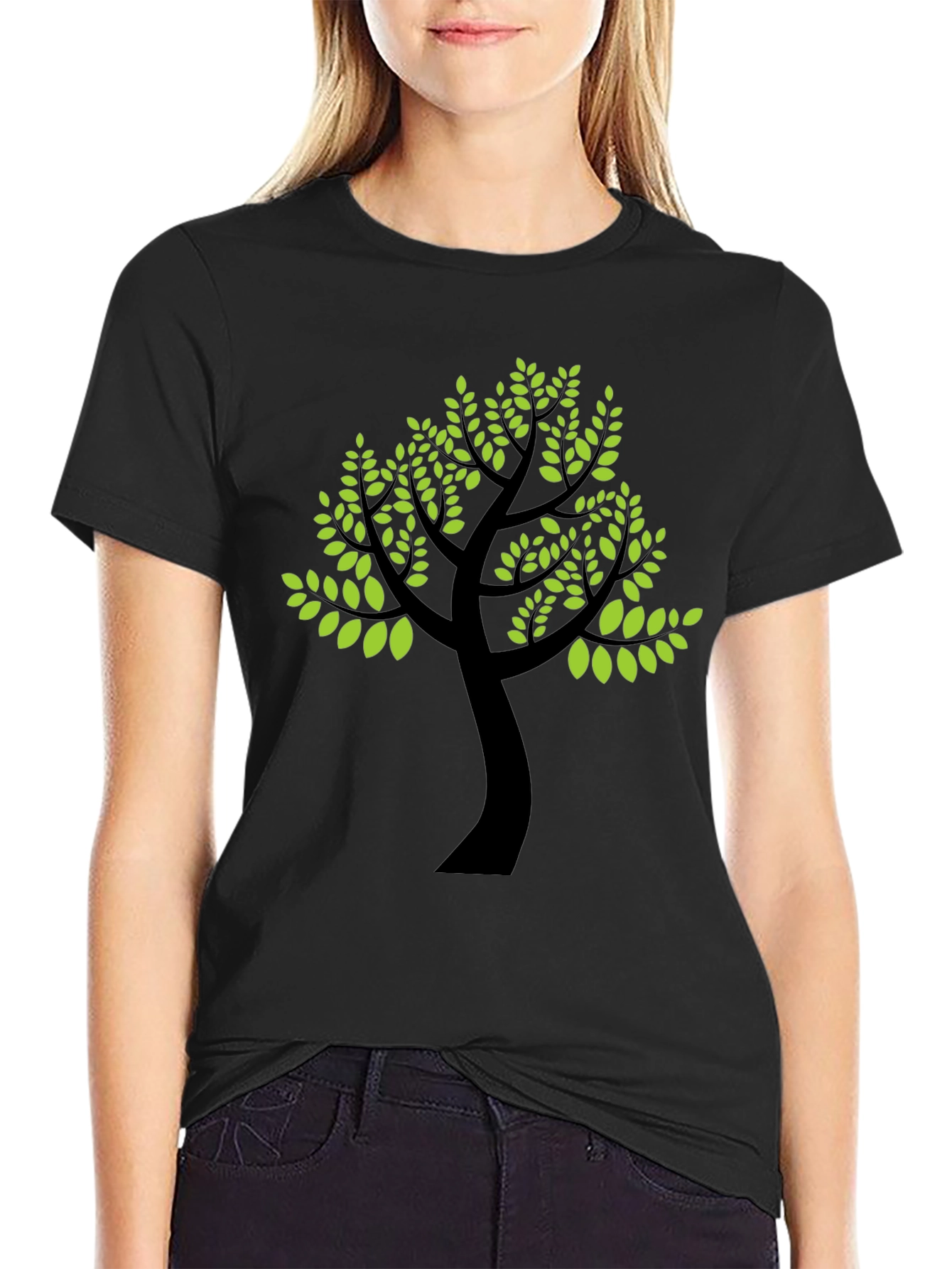 Black T-Shirt with Green Tree Print