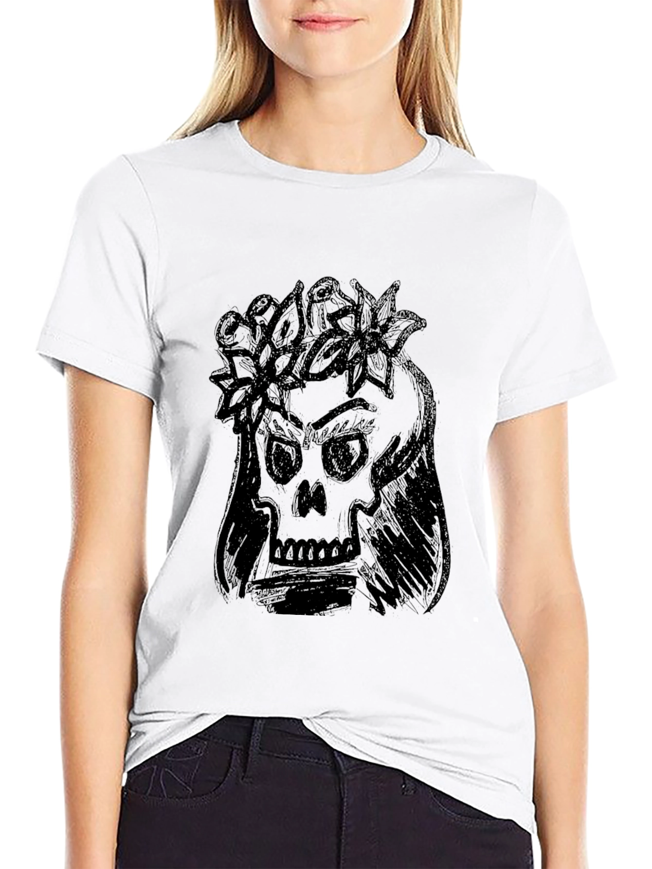 Skull with Flower Crown Graphic Tee