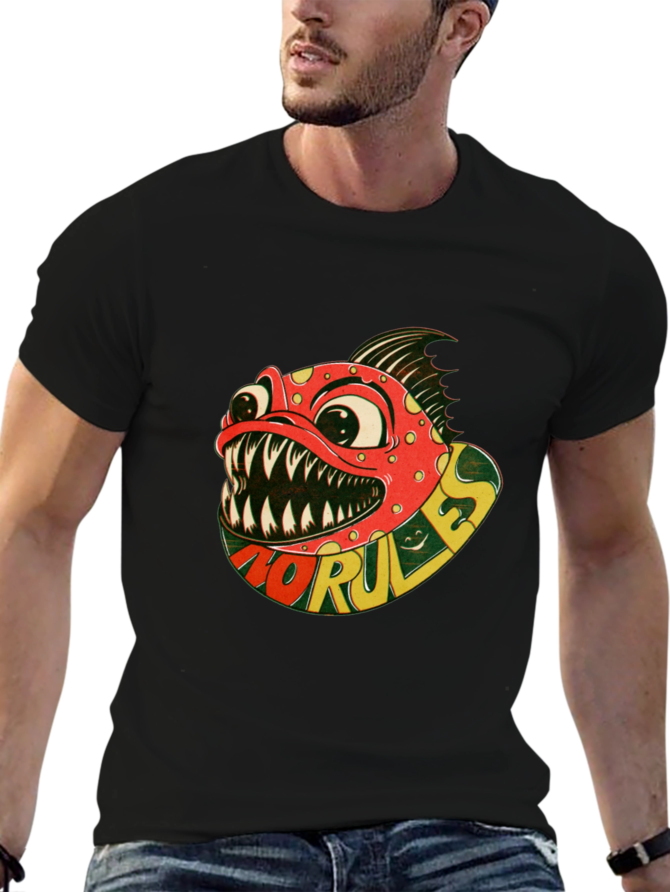 No Rules Piranha Graphic Black T-Shirt