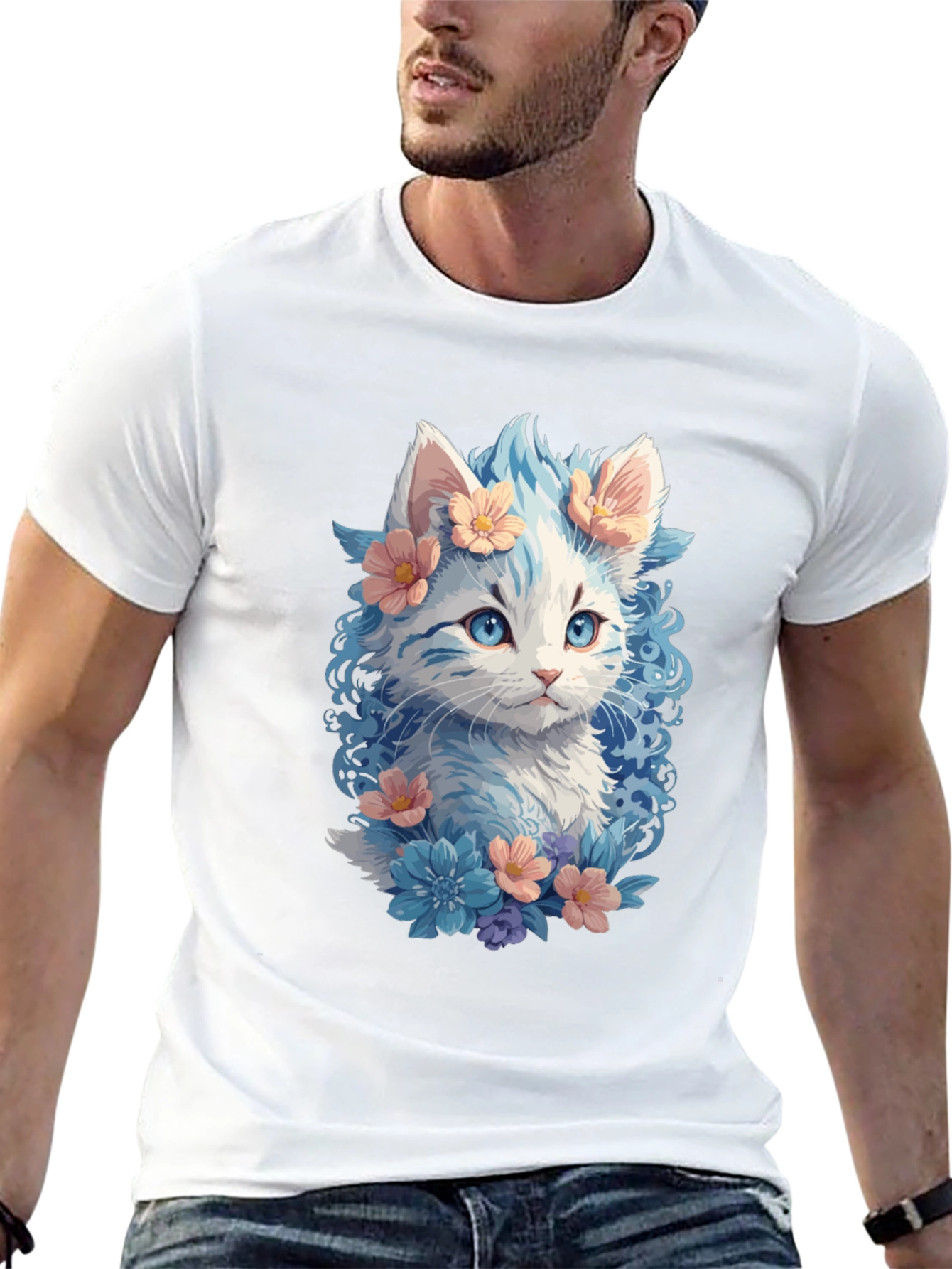 Floral Cat Graphic Tee - Unique Kitten Design