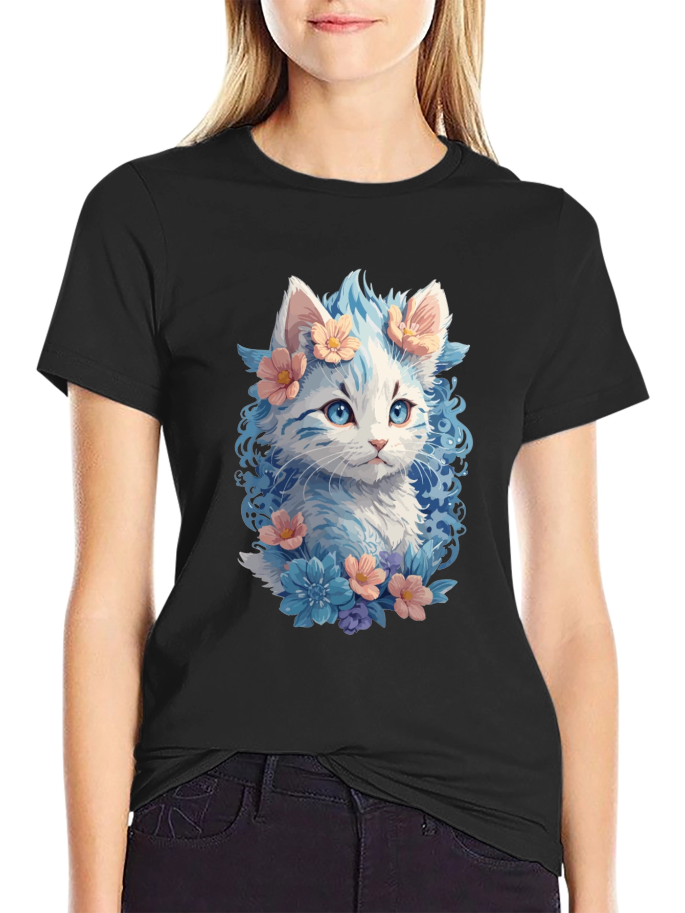 Floral Cat Graphic Tee - Unique Kitten Design