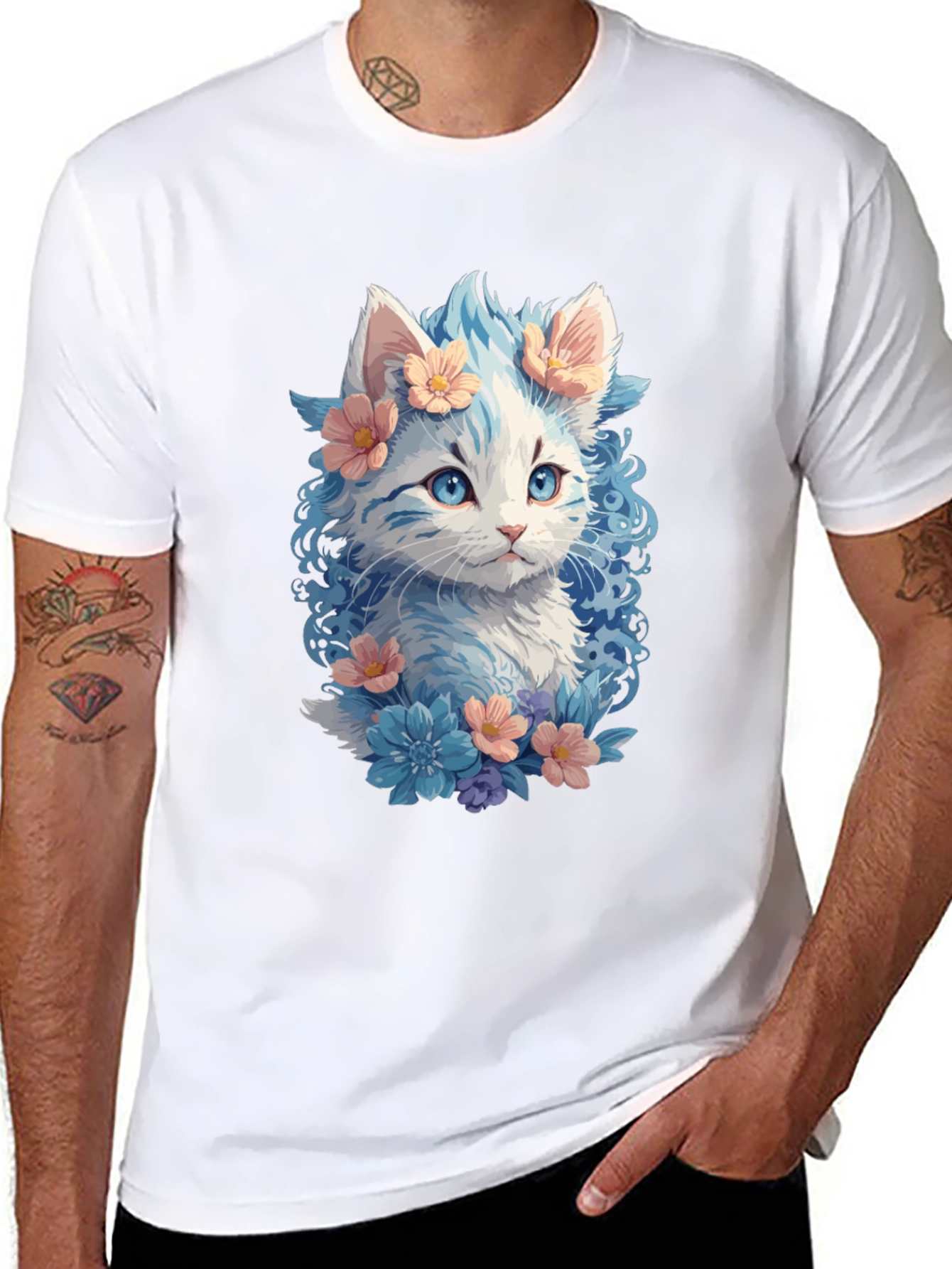 Floral Cat Graphic Tee - Unique Kitten Design