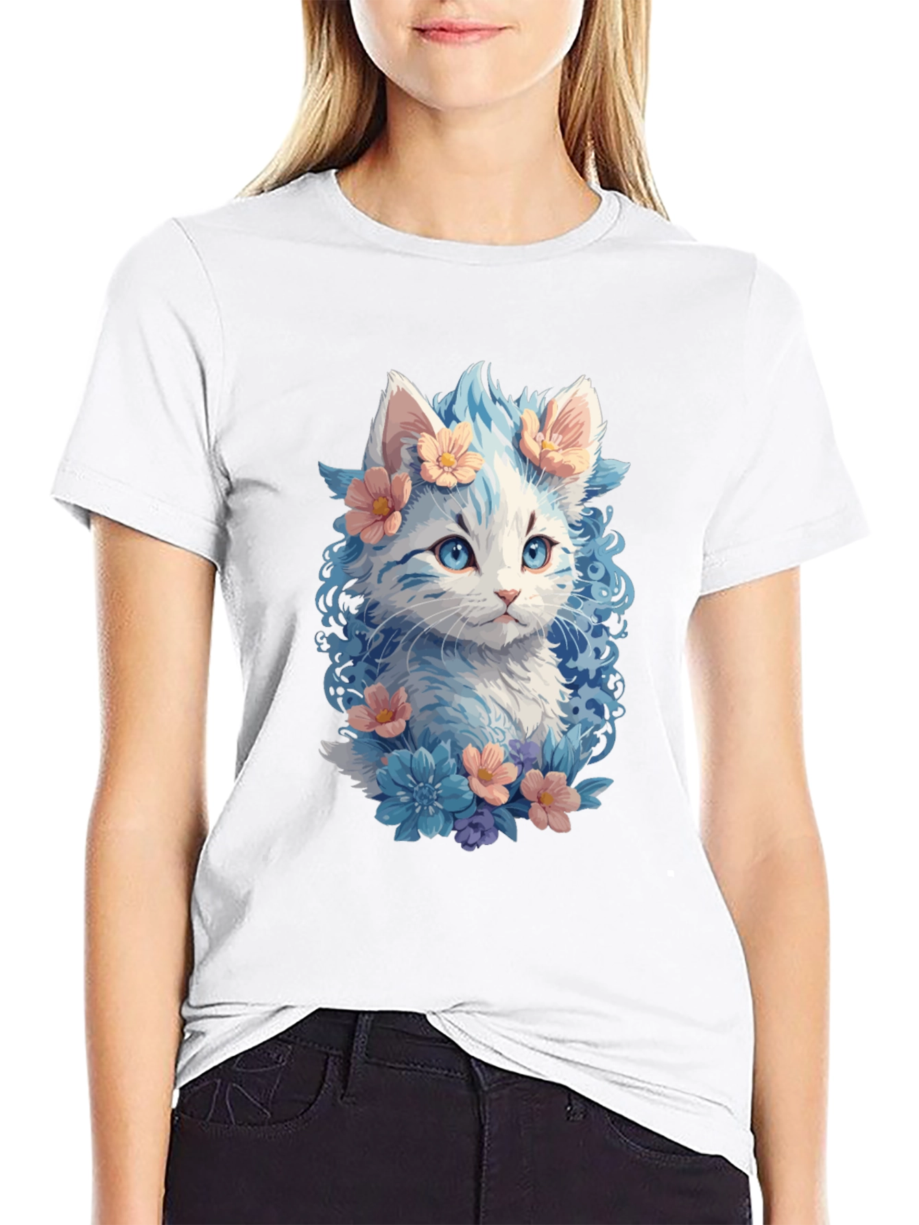 Floral Cat Graphic Tee - Unique Kitten Design