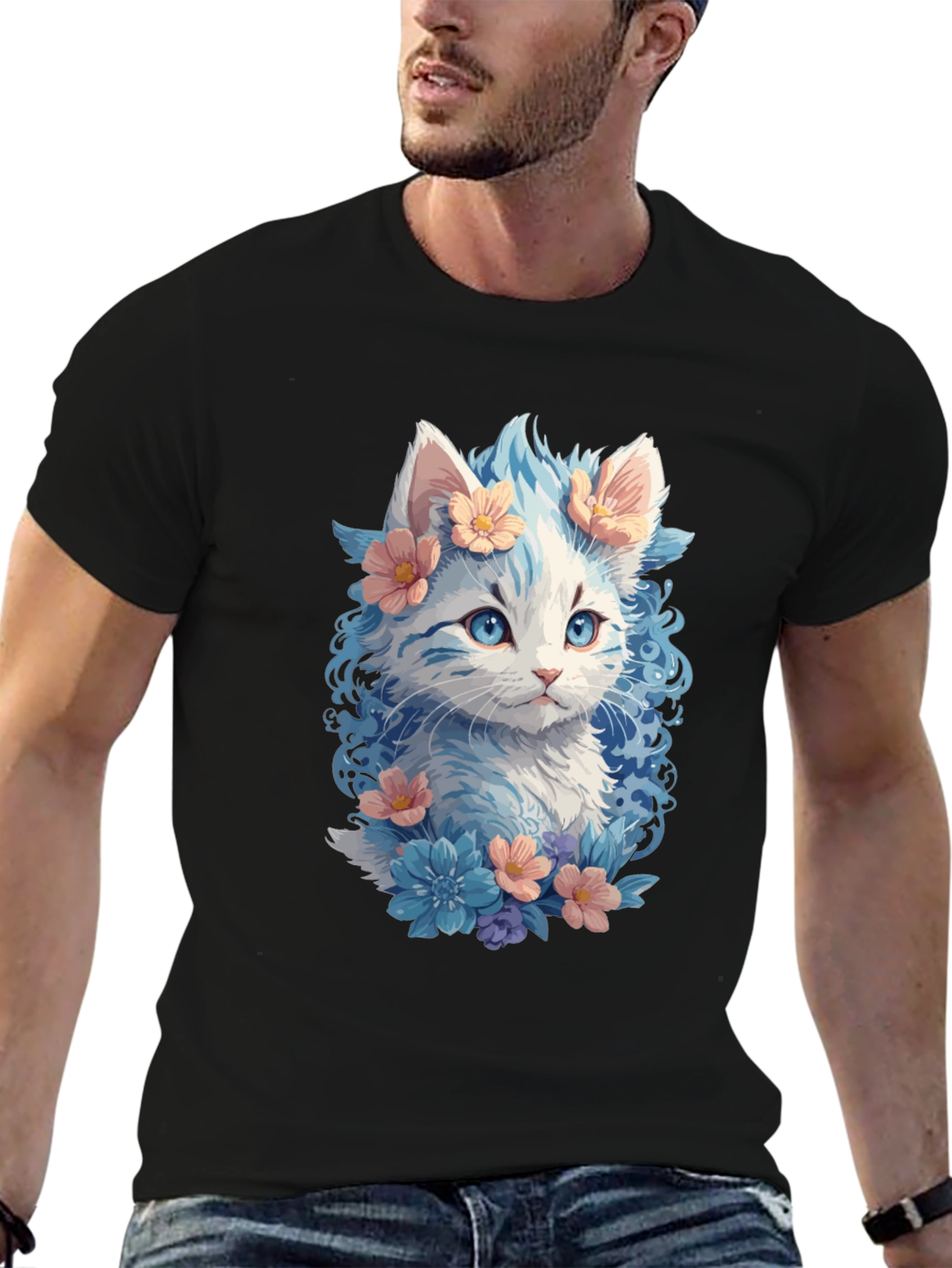 Floral Cat Graphic Tee - Unique Kitten Design