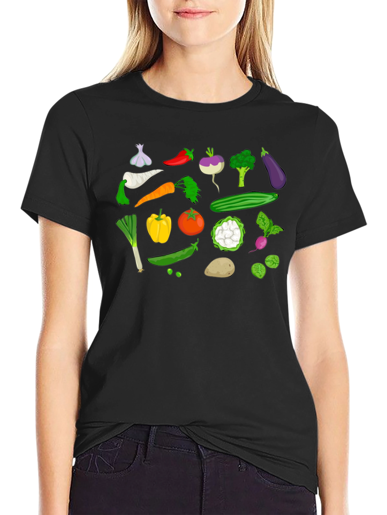 Vegetable Pattern Black T-Shirt
