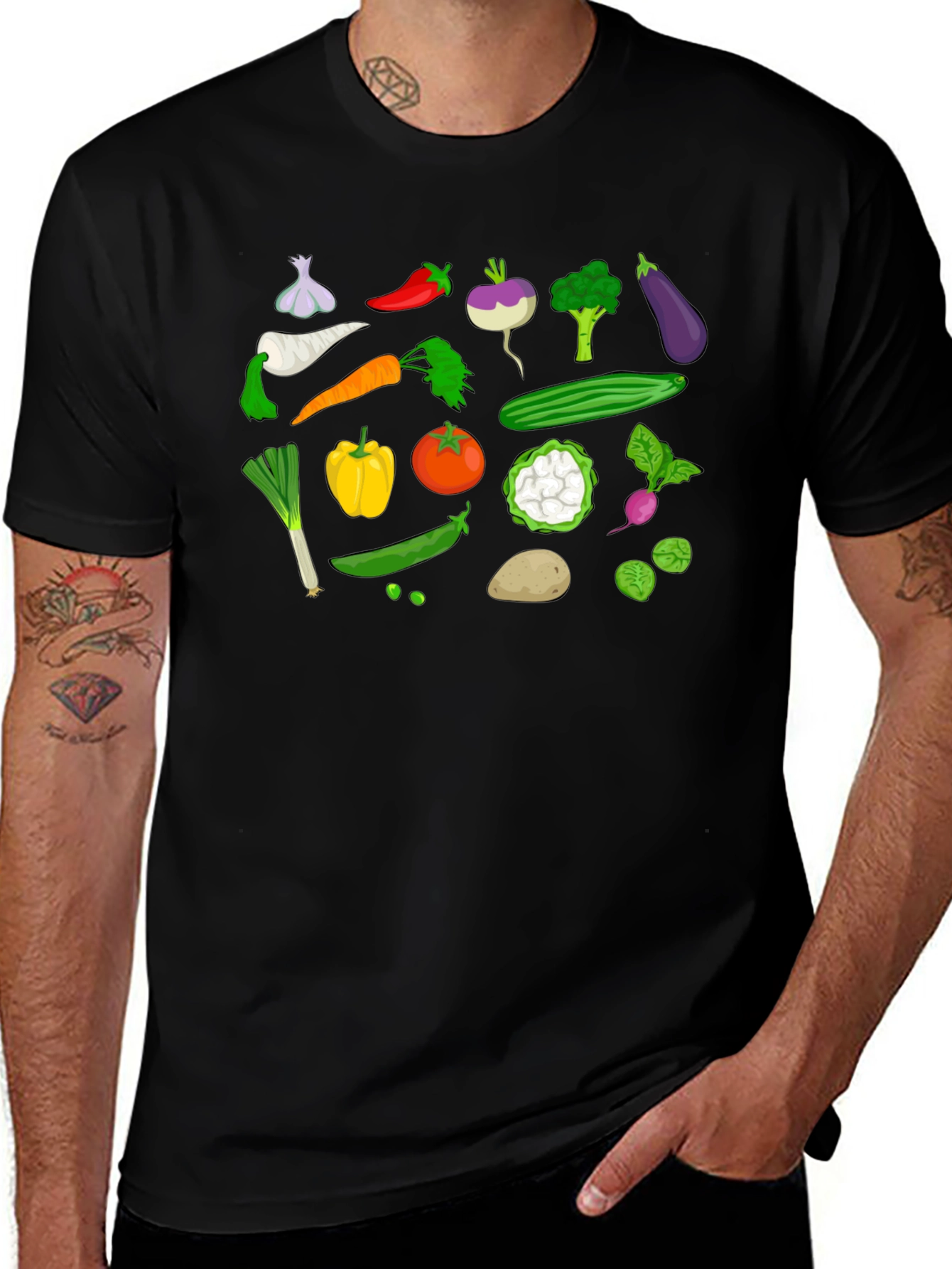 Vegetable Pattern Black T-Shirt