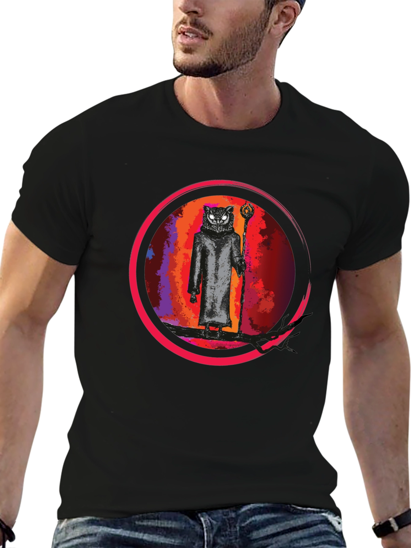 Wizard Owl Graphic Tee - Black Cotton Shirt
