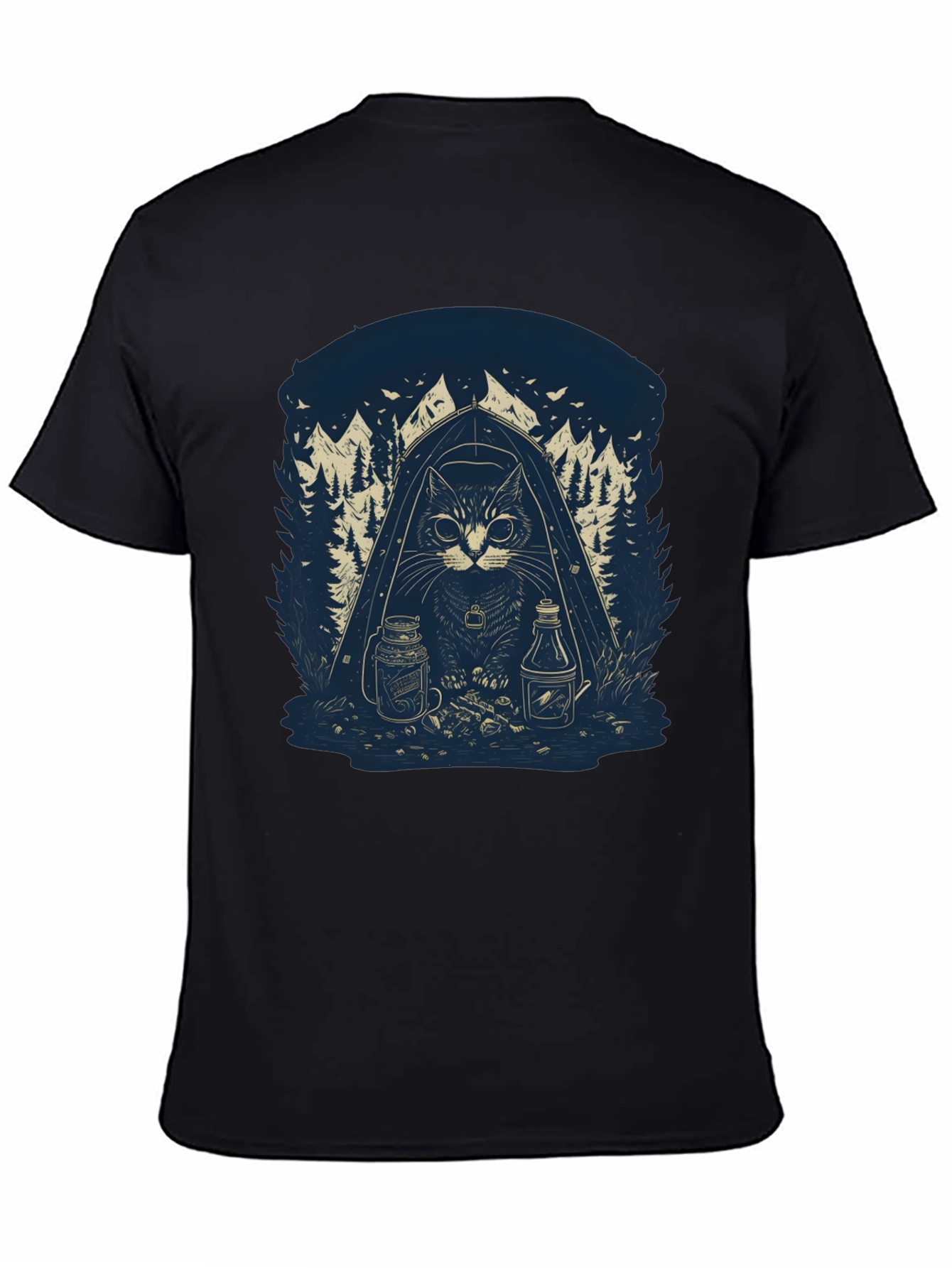 Camping Cat Graphic T-Shirt - Black