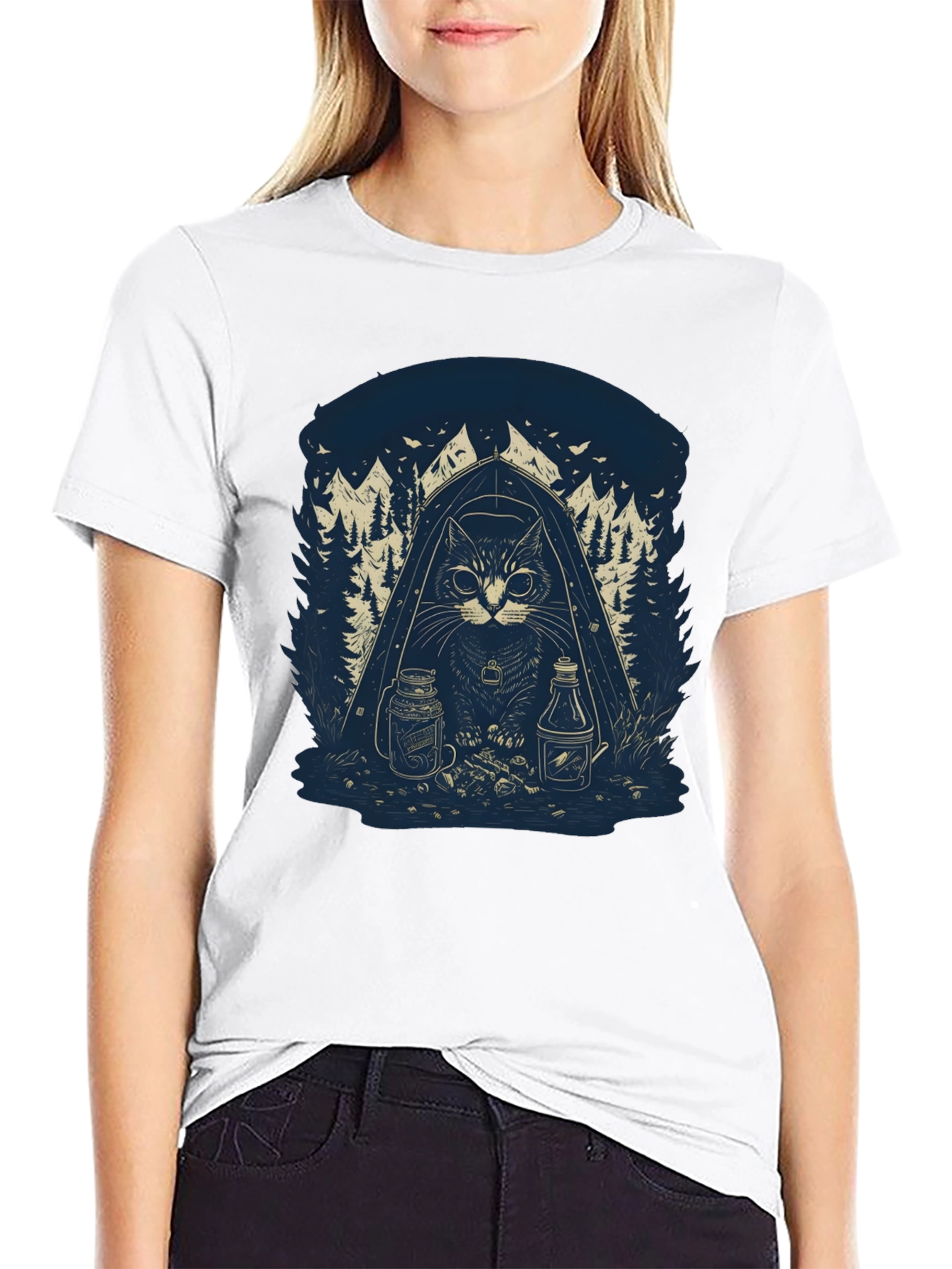 Camping Cat Graphic T-Shirt - Black