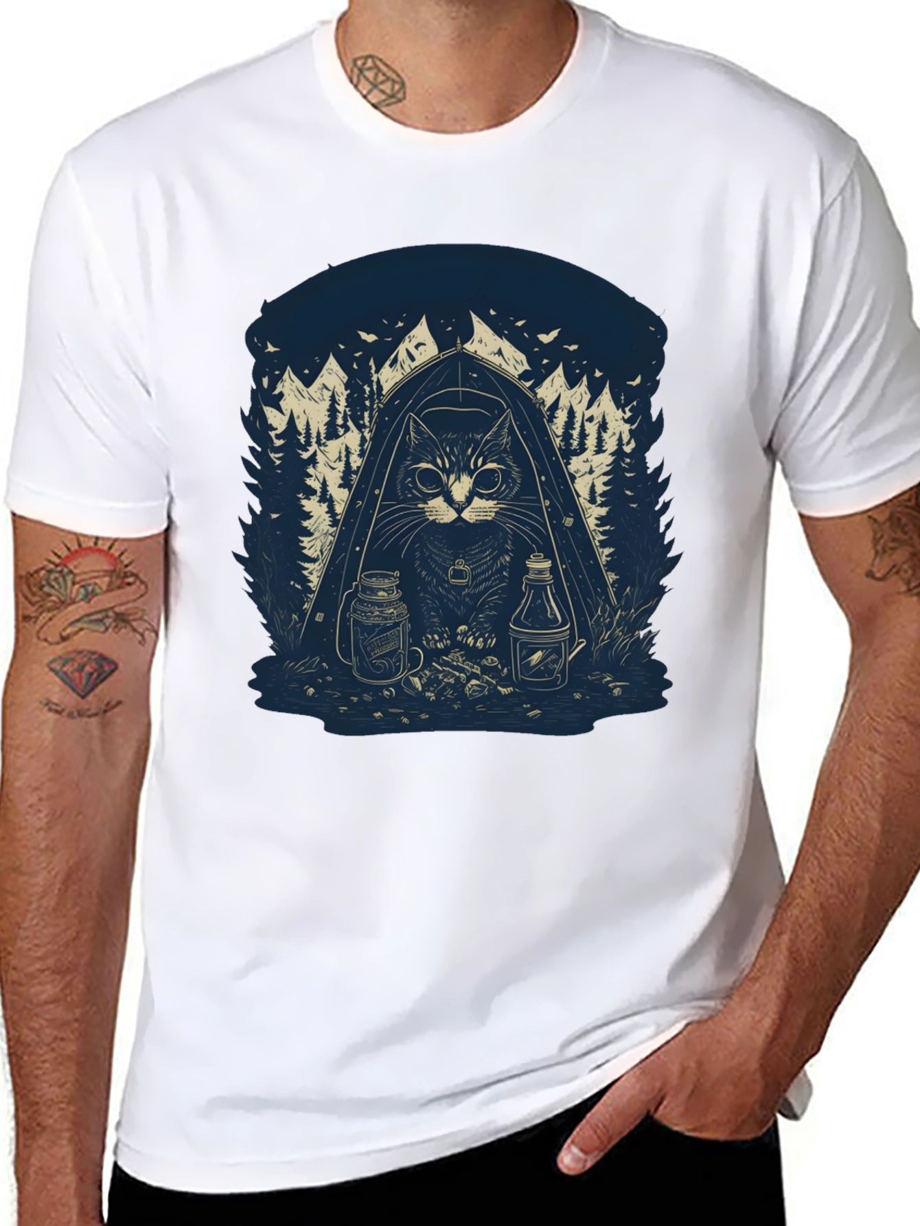 Camping Cat Graphic T-Shirt - Black