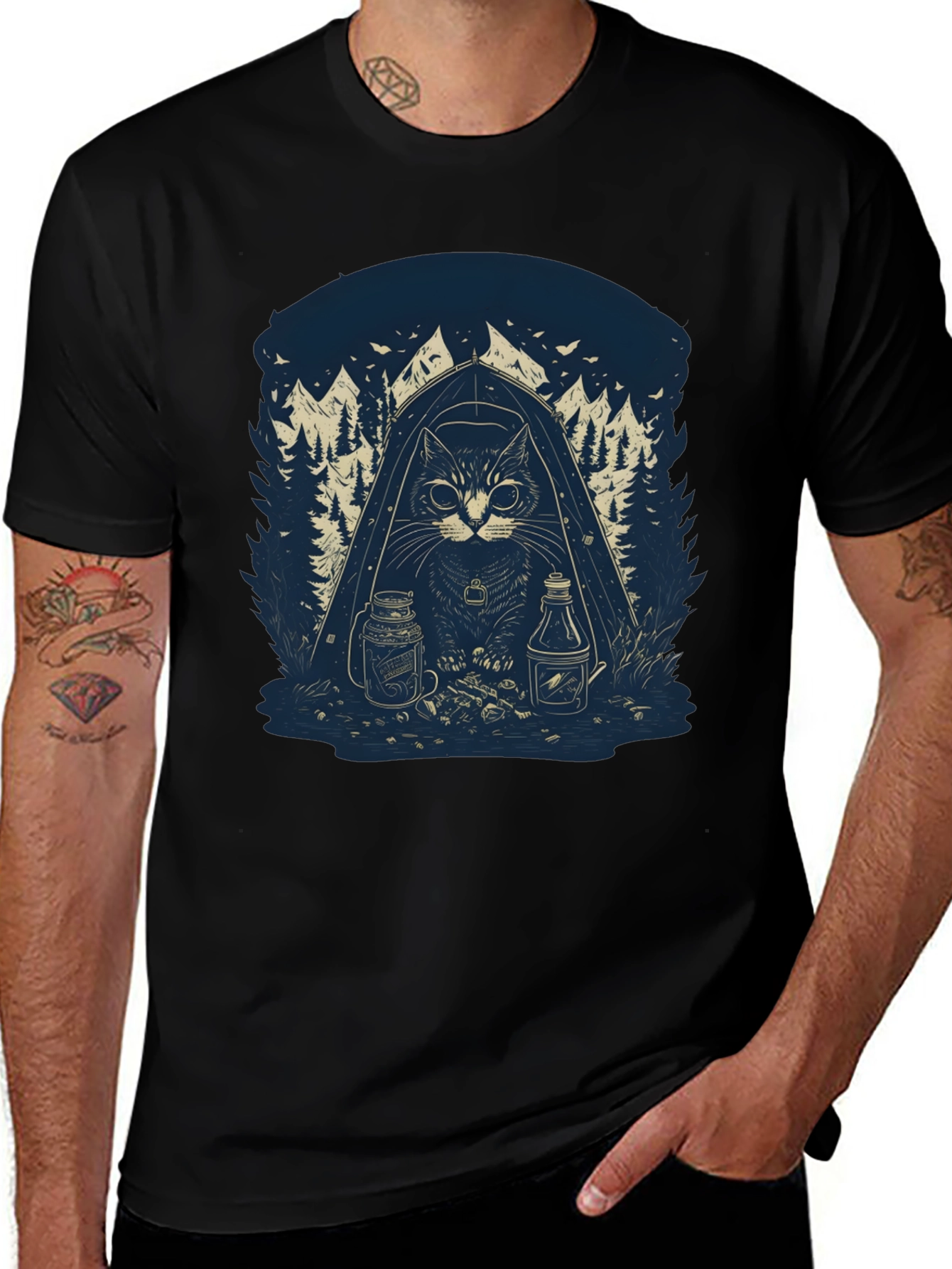 Camping Cat Graphic T-Shirt - Black
