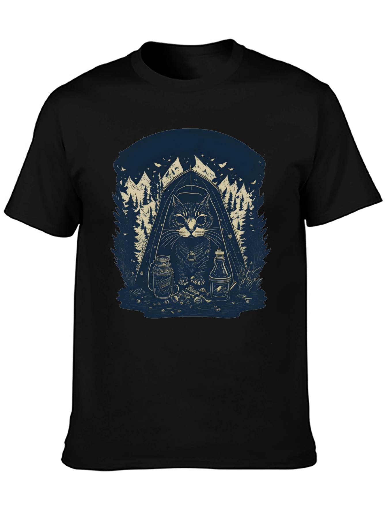 Camping Cat Graphic T-Shirt - Black