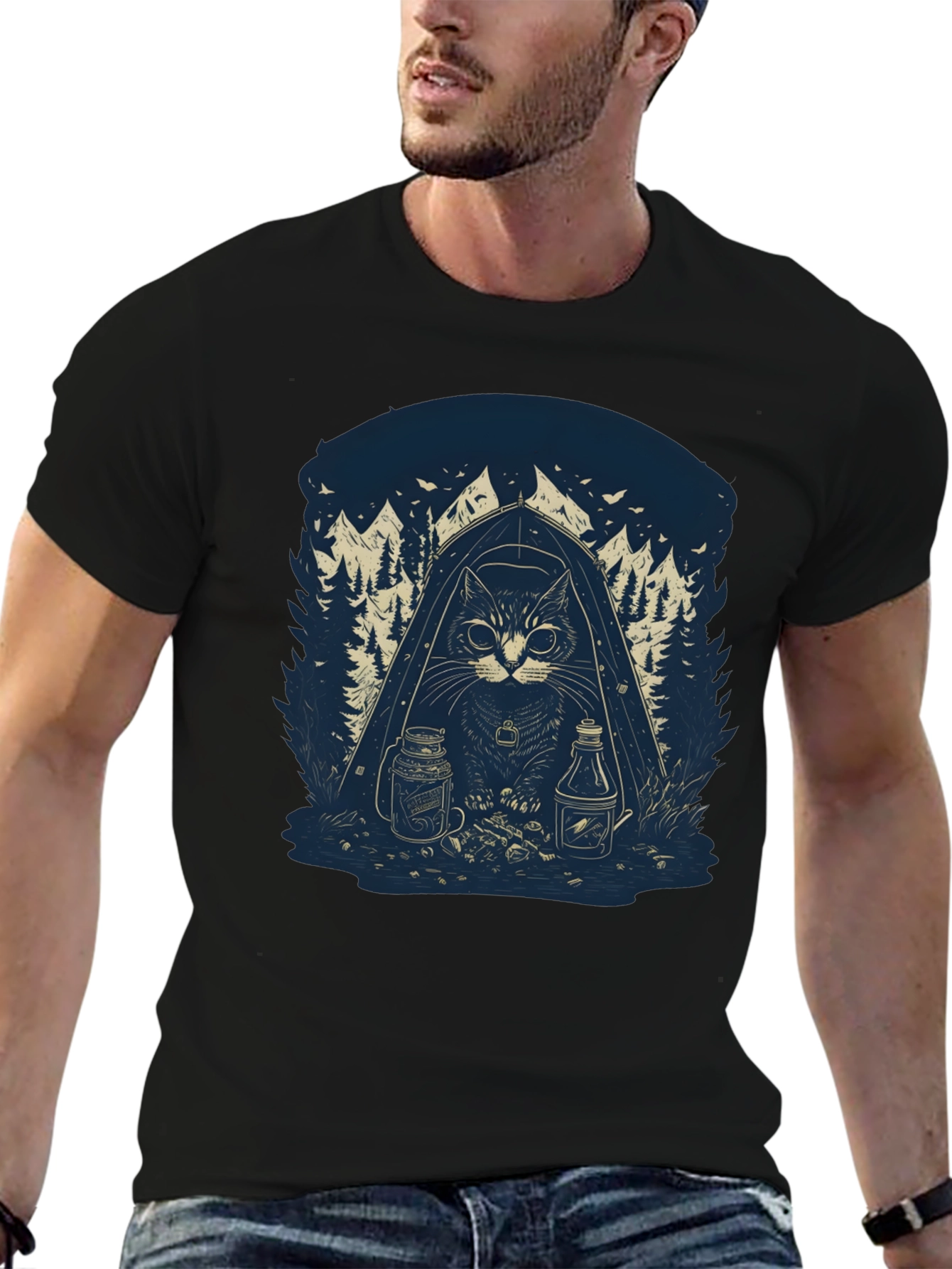 Camping Cat Graphic T-Shirt - Black