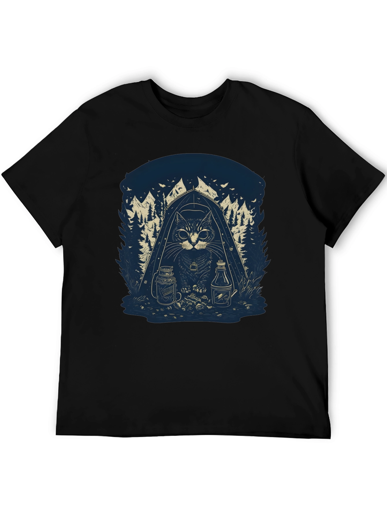 Camping Cat Graphic T-Shirt - Black