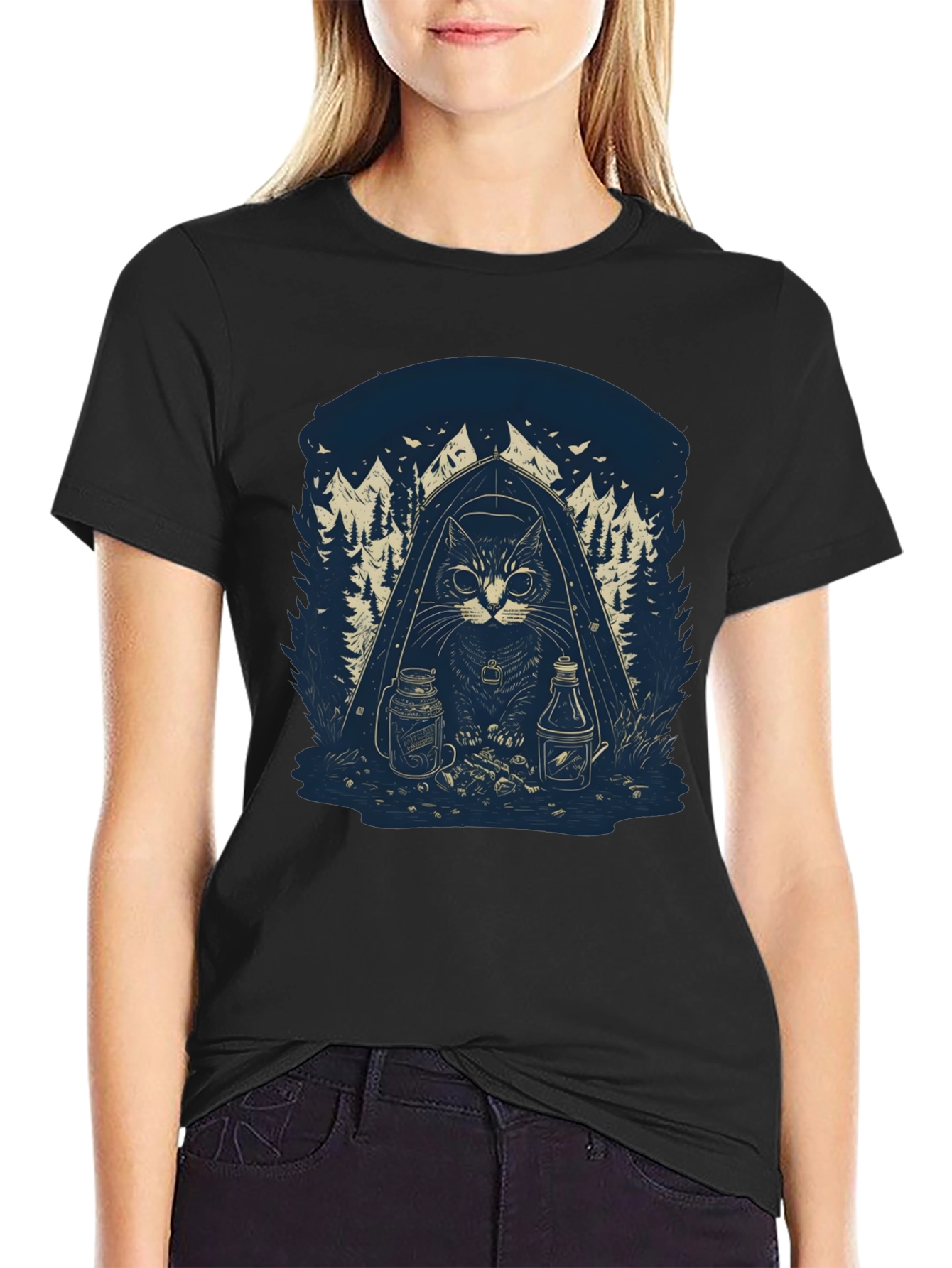 Camping Cat Graphic T-Shirt - Black