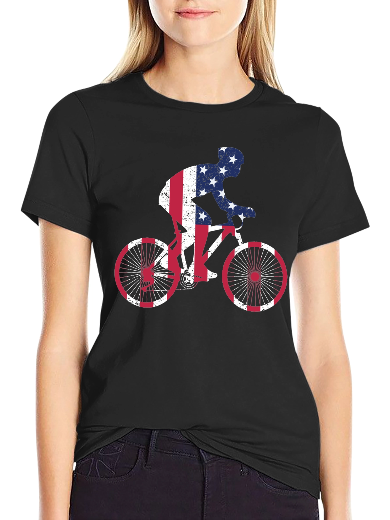 American Flag Cyclist Black T-Shirt