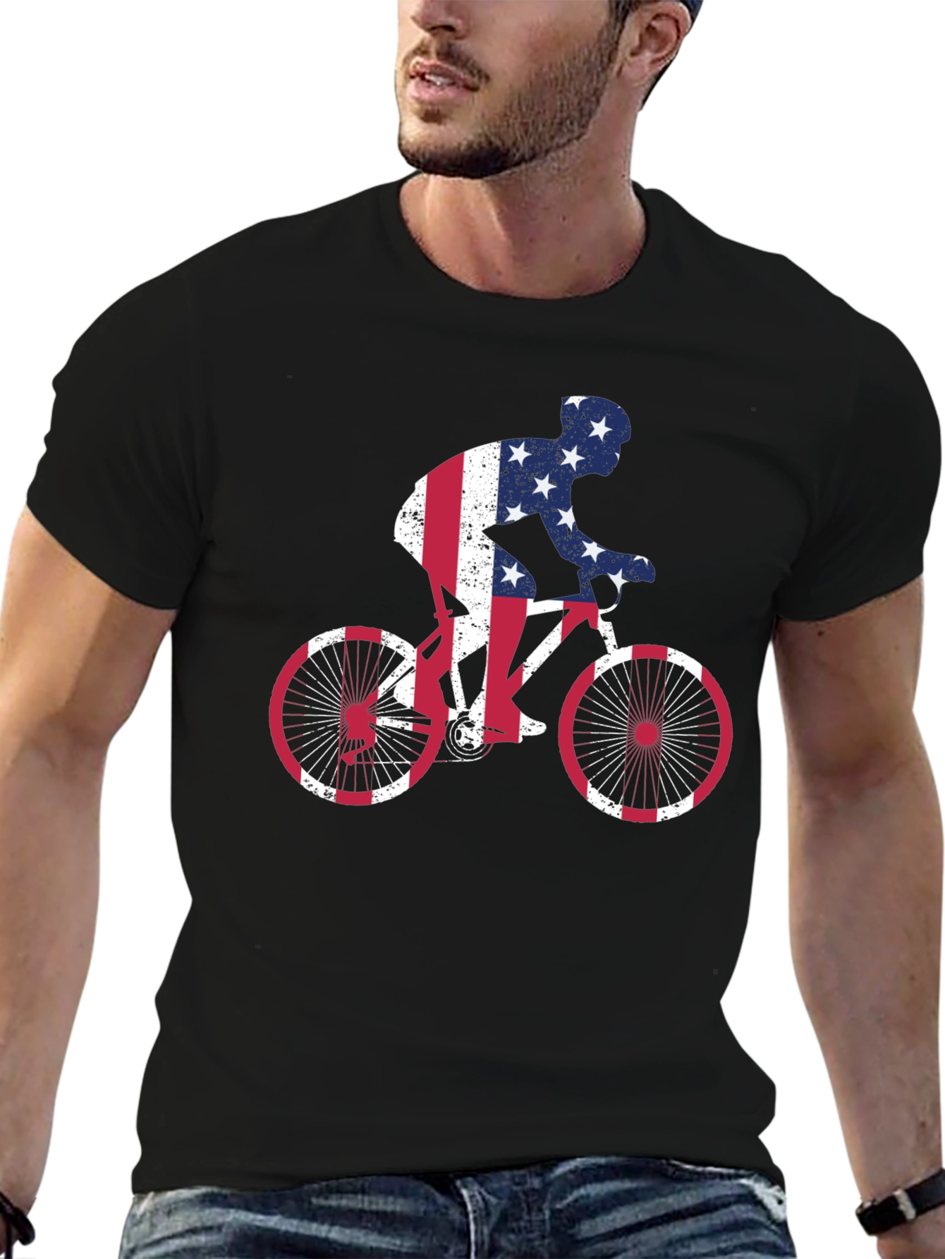 American Flag Cyclist Black T-Shirt