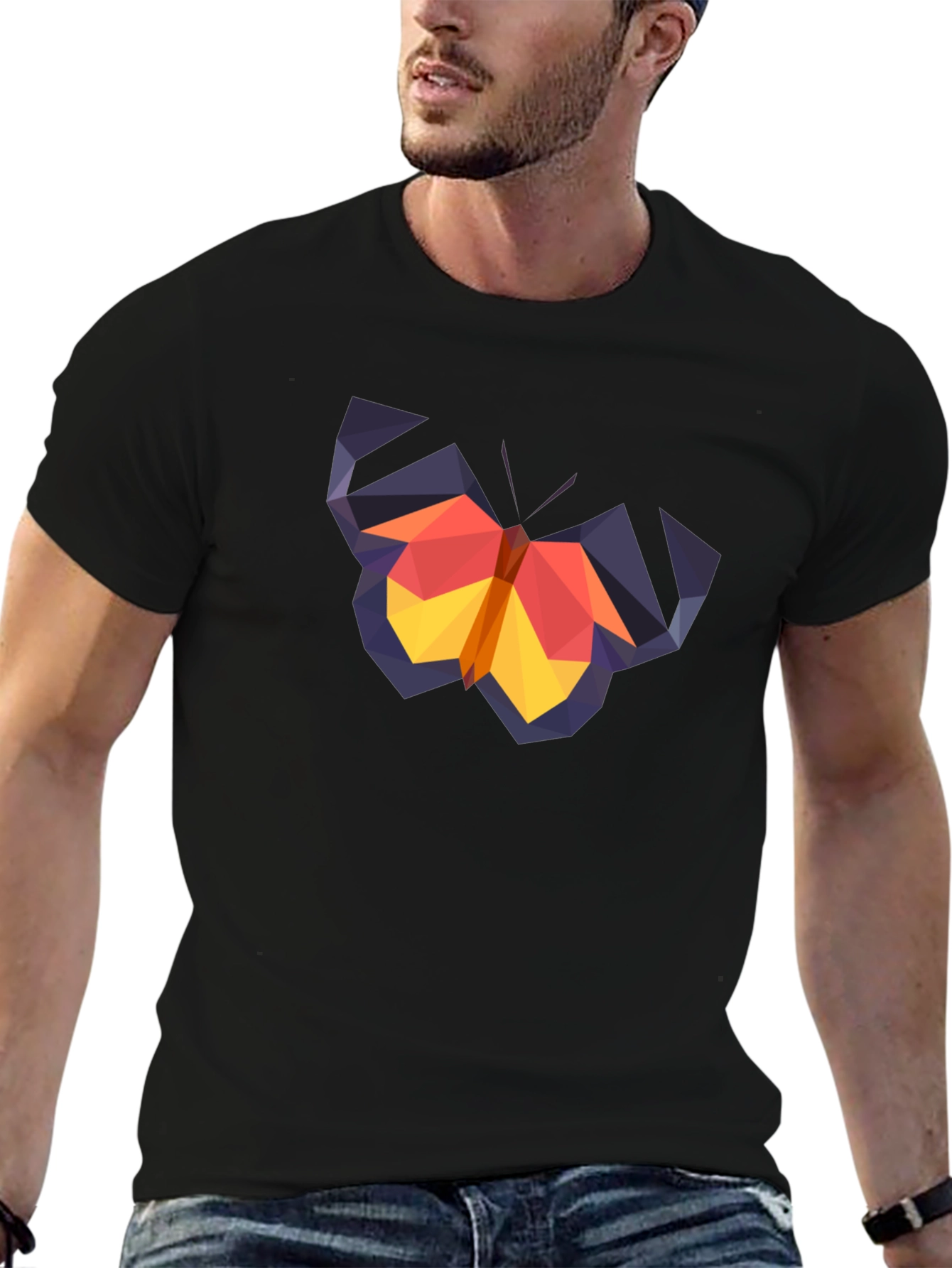 Geometric Butterfly Graphic Tee - Black Cotton