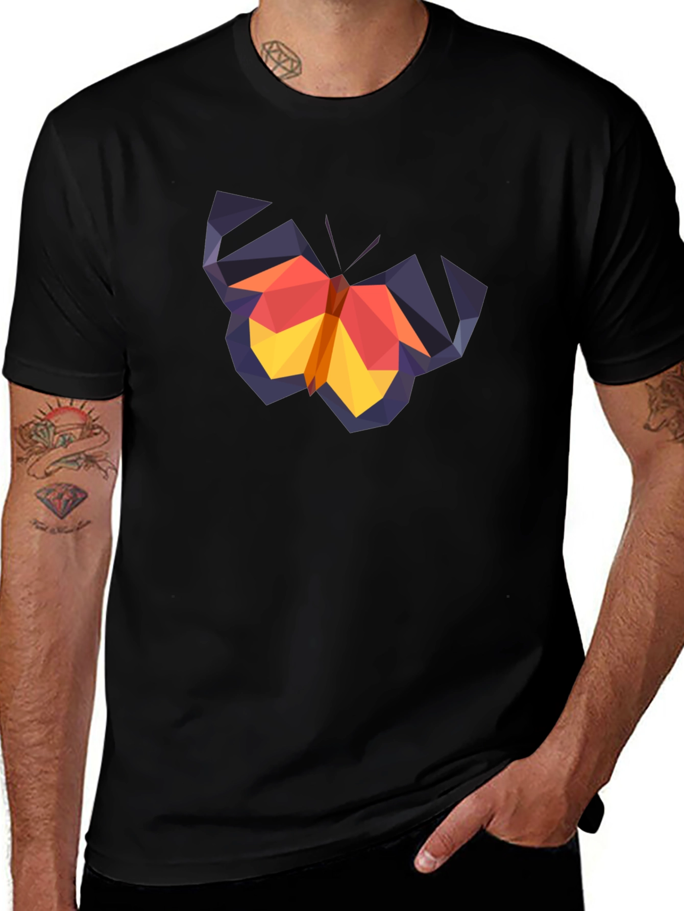 Geometric Butterfly Graphic Tee - Black Cotton