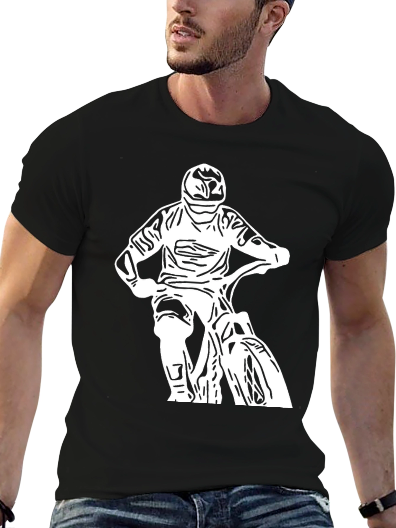 Black T-Shirt - White Biker Design