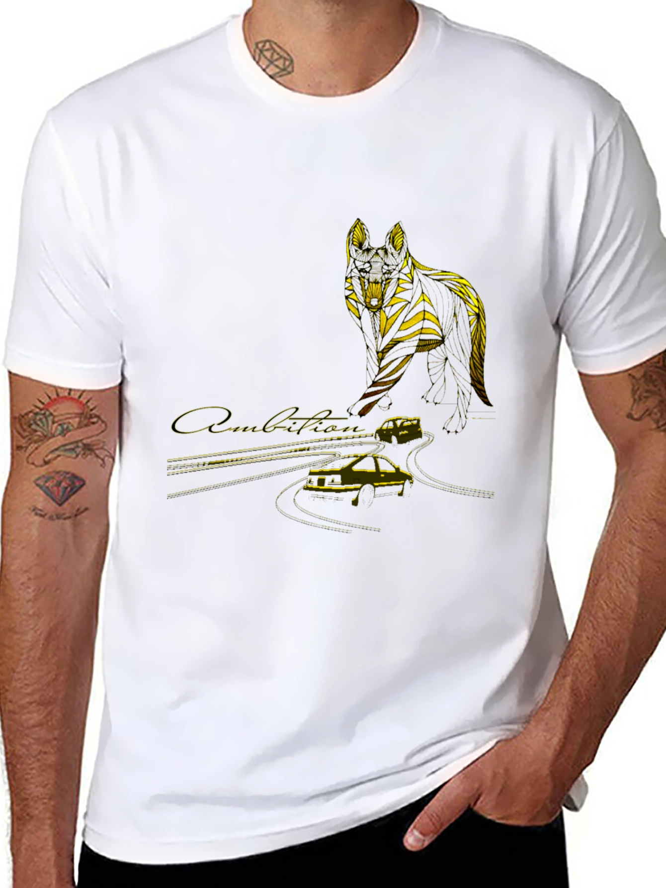 Wolf & Car Graphic T-Shirt - Stylish Black Tee